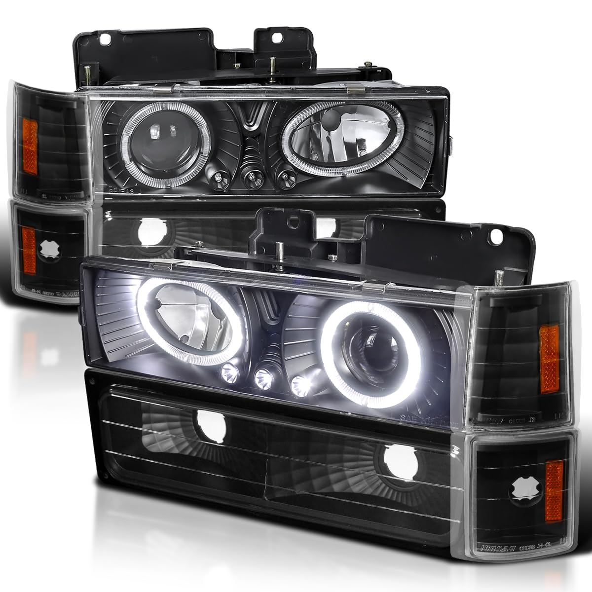 Black LED Halo Projector Headlights + Bumper Lights + Corner SPEC-D TUNING Compatible with 1994-1998 GMC C/K C10, Sierra, Yukon, Suburban Left + Right Pair Headlamps Assembly