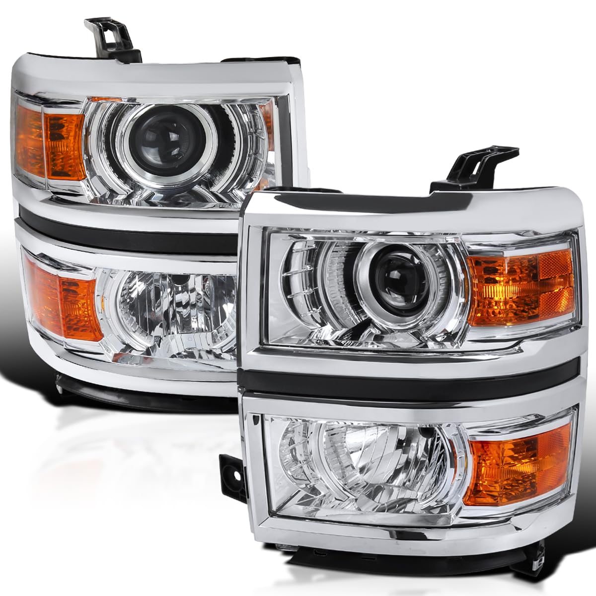Chrome Projector Headlights w/Silver Trim SPEC-D TUNING Compatible with 2014-2015 Chevy Silverado 1500, Left + Right Pair Headlamps Assembly