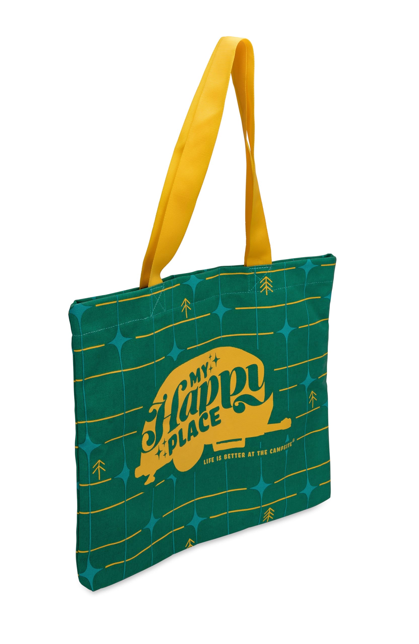 Tote Bag Camco Life is Better at the Campsite | Ideal for Groceries, Shopping or as a Purse | Green Grid Design Tote Bag with a Large, Yellow Retro RV and My Happy Place Text (53483)