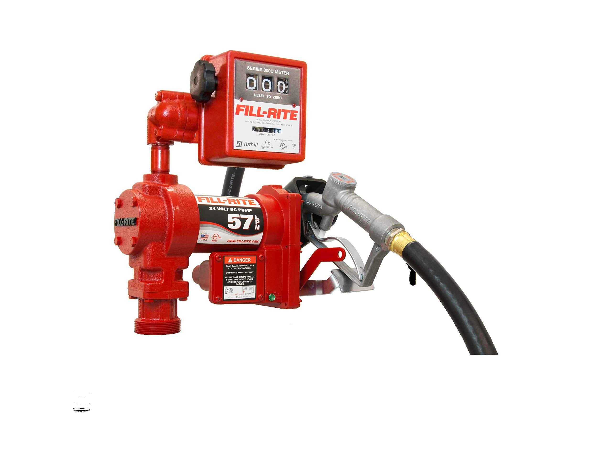 Fill-Rite 24V DC FR2411GEL Pump, Suction Pipe, 3/4"x12' Hose, 3/4" Manual Nozzle, 807CL Meter Liter - All NPT Threads