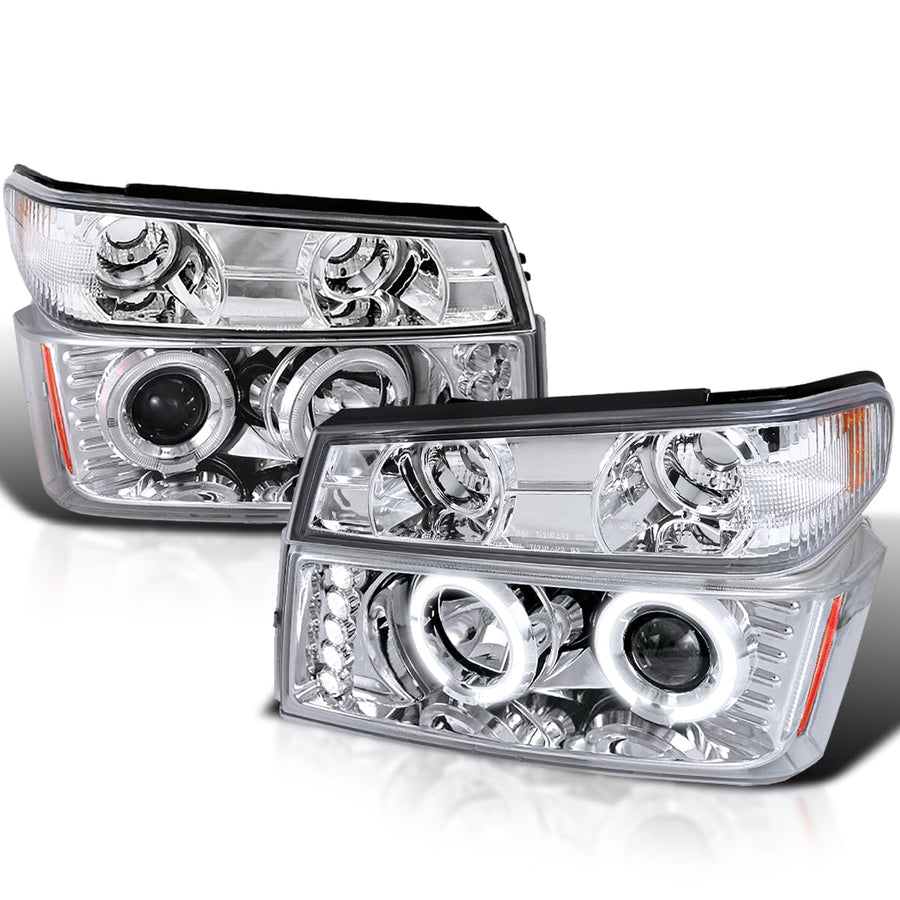 Chrome Housing SPEC-D TUNING Clear Lens LED Halo Projector Headlights + Bumper Lights Compatible with 2004-2012 Chevy Colorado, 2004-2012 GMC Canyon, Left + Right Pair Headlamps Assembly