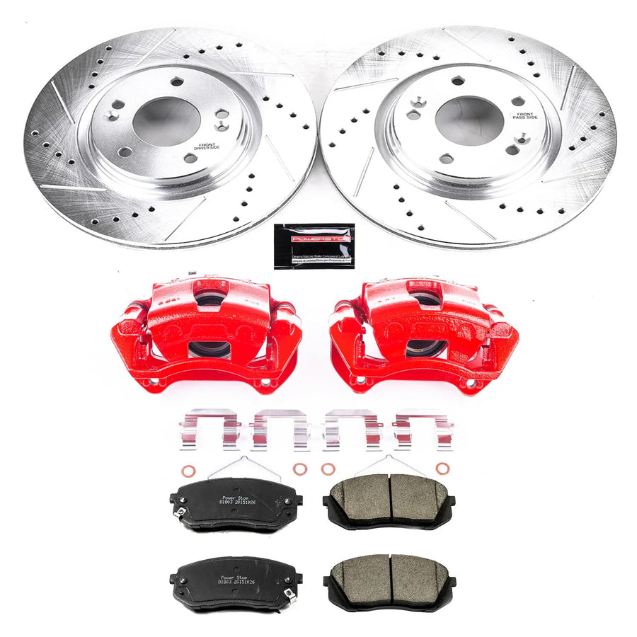 Power Stop Z23 Evolution KC6982 Front Brake Kit-Drilled/Slotted Rotors, Carbon Ceramic Brake Pads & Calipers For Hyundai Sonata 2015 [Model Specific]