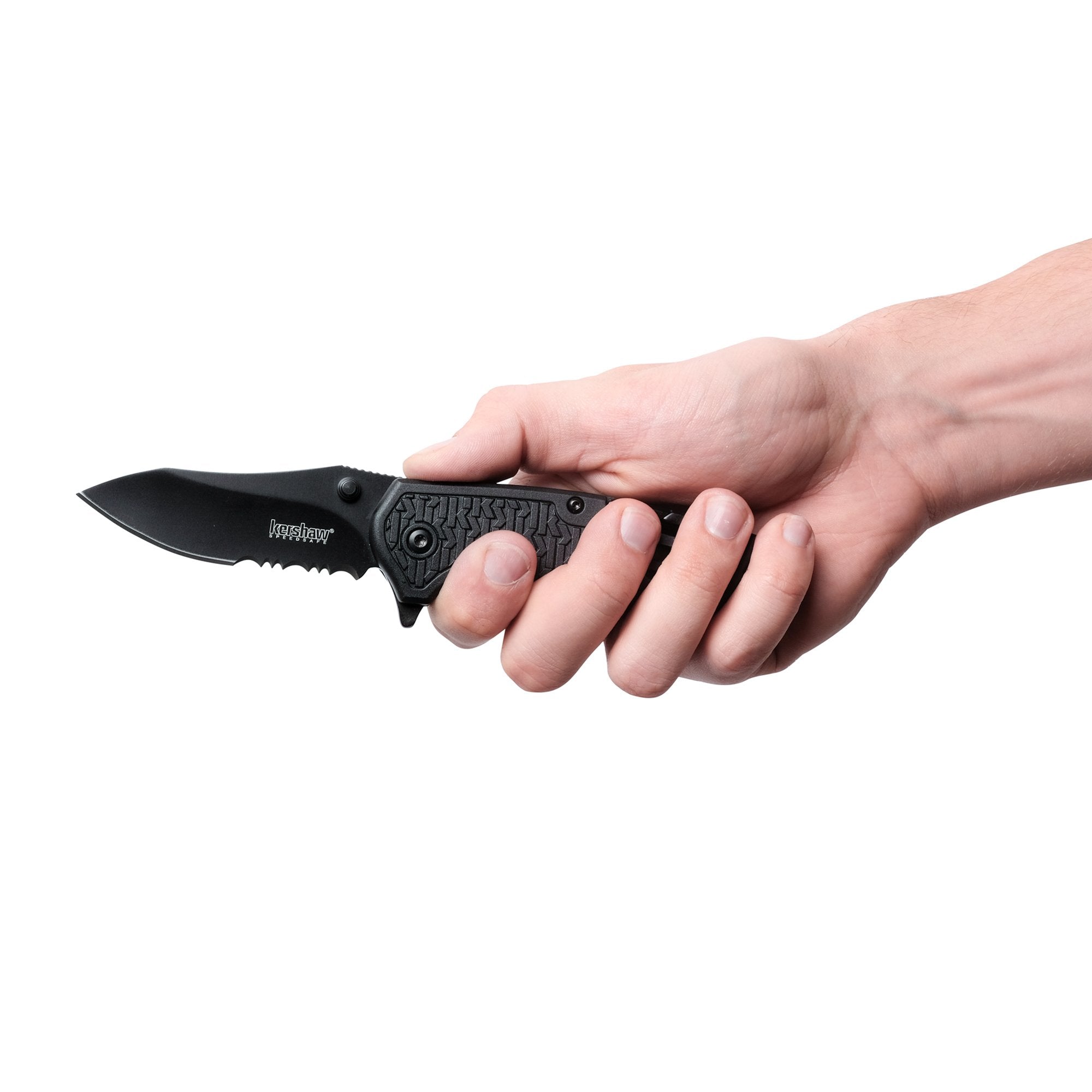 Funxion EMT Kershaw (8100); Multifunction Folding Pocketknife; 3 inch Partially Serrated Stainless Steel Blade; Carabiner Clip, Cord Cutter, Screwdriver Tip, Hex Wrench, Glassbreaker Tip , Black