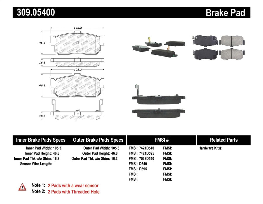 Sport Brake Pads StopTech 309.05400 with Shims and Hardware
