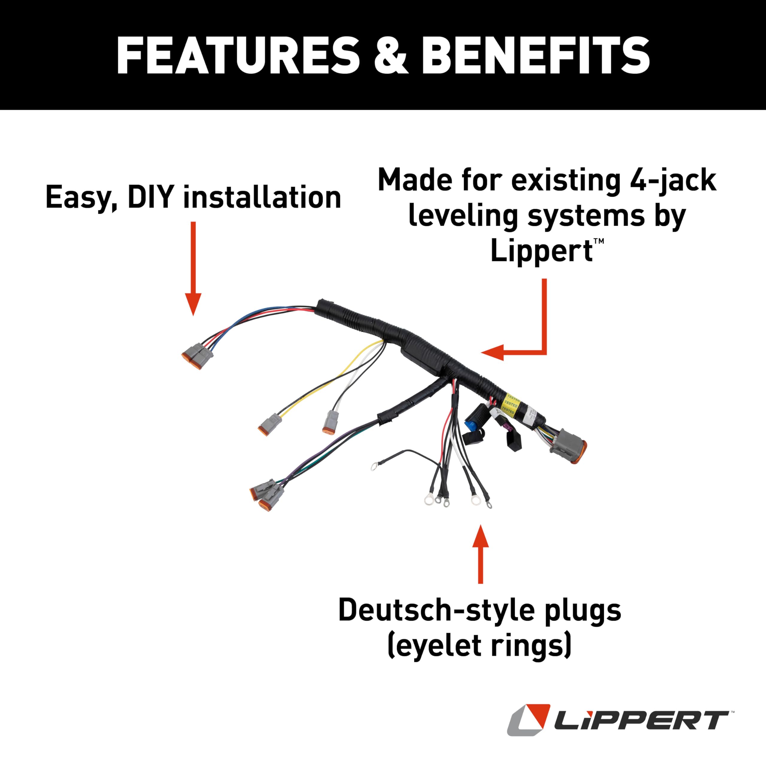 Lippert Deutsch-Style Replacement Plug 4-Jack Hydraulic RV Leveling Pump Harness for 5th Wheel RVs & Travel Trailers, Eyelet Rings - 178373