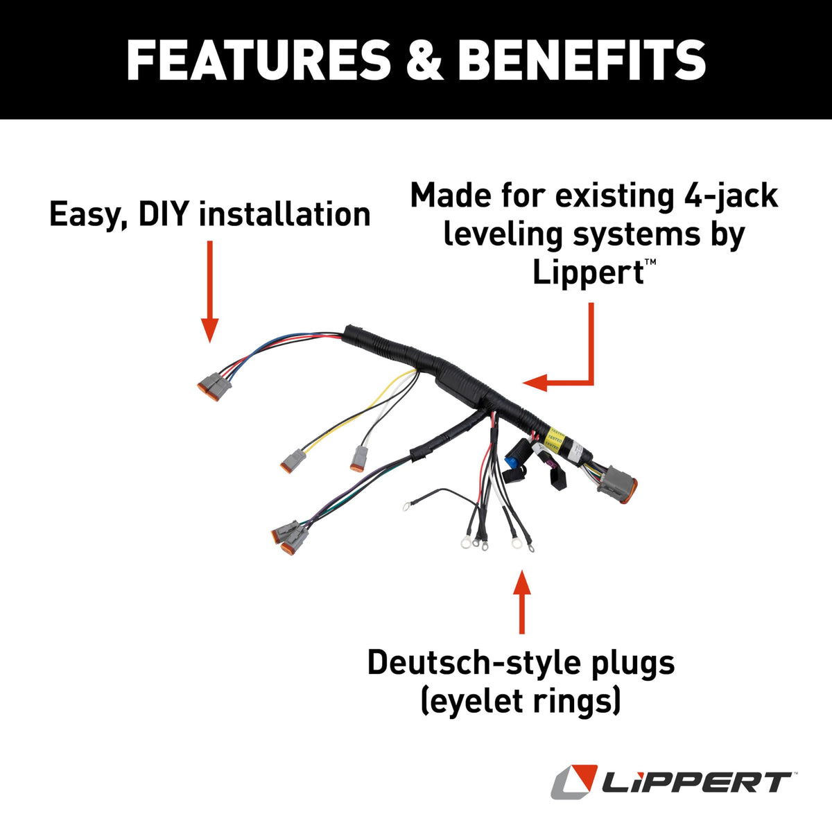 Lippert Deutsch-Style Replacement Plug 4-Jack Hydraulic RV Leveling Pump Harness for 5th Wheel RVs & Travel Trailers, Eyelet Rings - 178373