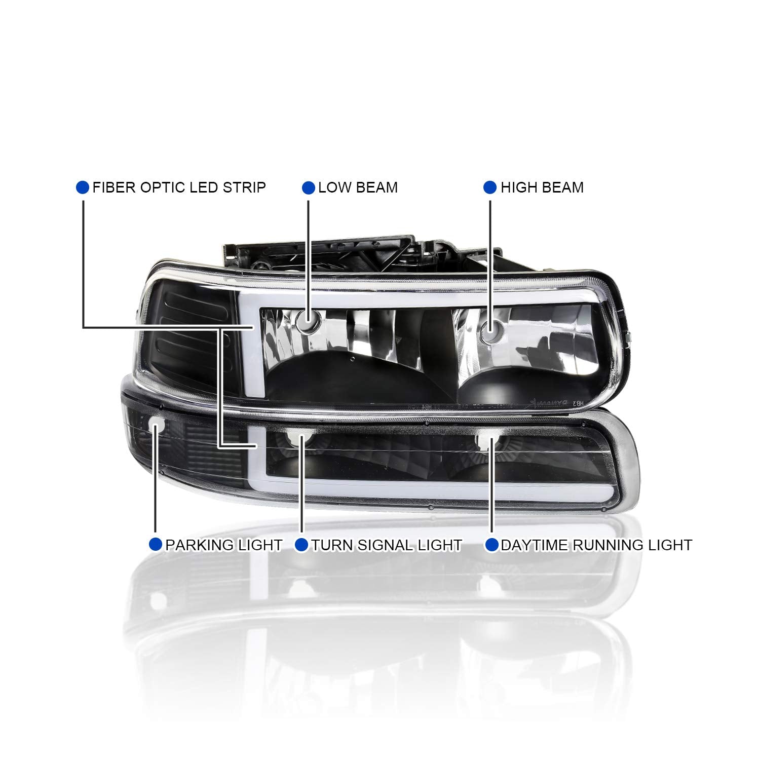 Spec-D Tuning LED Bar Clear Lens Black Housing Headlights + Bumper Lights 4PC Clear Reflector Compatible with Chevy Silverado 1999-2002, 00-06 Tahoe Suburban, L+R Pair Assembly