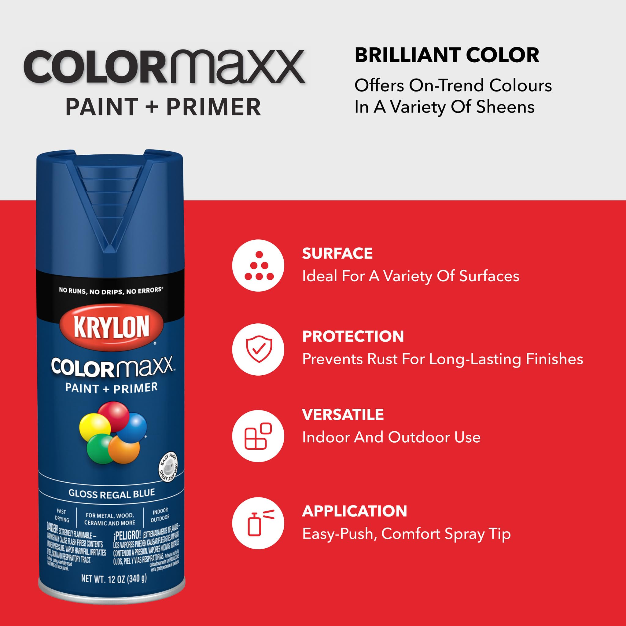 Krylon K05535007 Spray Paint and Primer COLORmaxx for Indoor/Outdoor Use, Gloss Regal Blue 12 Ounce (Pack of 1)