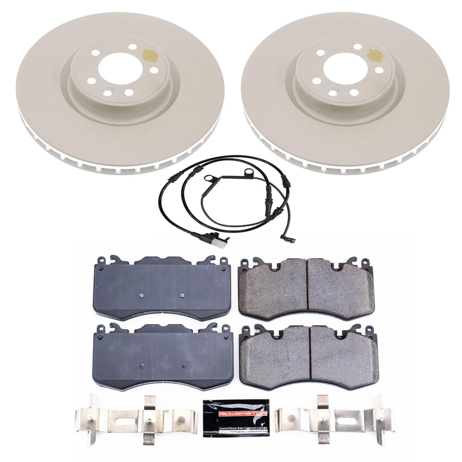 Power Stop Z23 Front Coated Rotor Kit-Coated Brake Rotors & Carbon Ceramic Brake Pads and 1 Front Sensor Wire For Land Rover Range Rover, Range Rover Sport [Model Specific]
