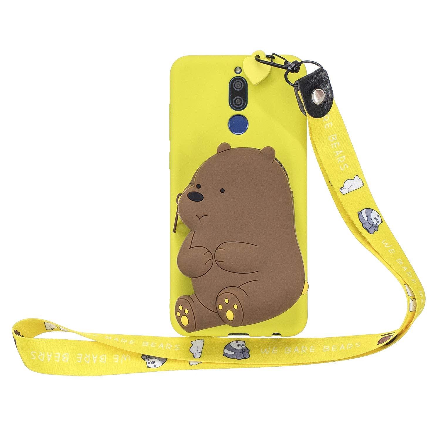 Artfeel Wallet Case with Zipper Pocket Compatible with Huawei Mate 10 Lite,Cute 3D Cartoon Animal Soft Silicone TPU Back Cover and Neck Lanyard Strap Protective Cover,Yellow Brown Bear