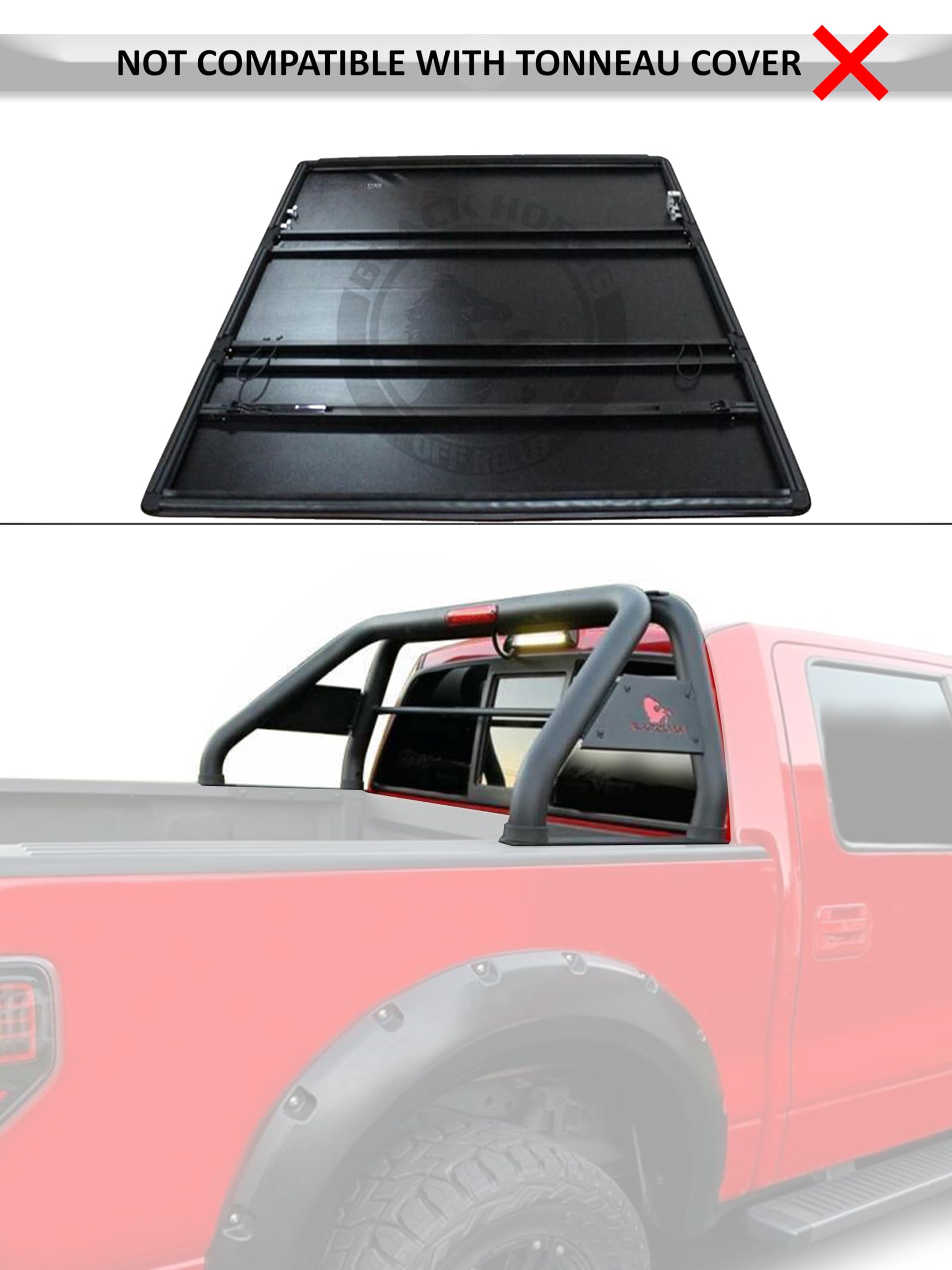 Classic Black Horse Roll Bar Incl. Set of 5.3" Dia.Led Lights w/Black Trim Rings Compatible with 19-24 Ram 1500 Excludes Classic models-RB002BK-PLFB
