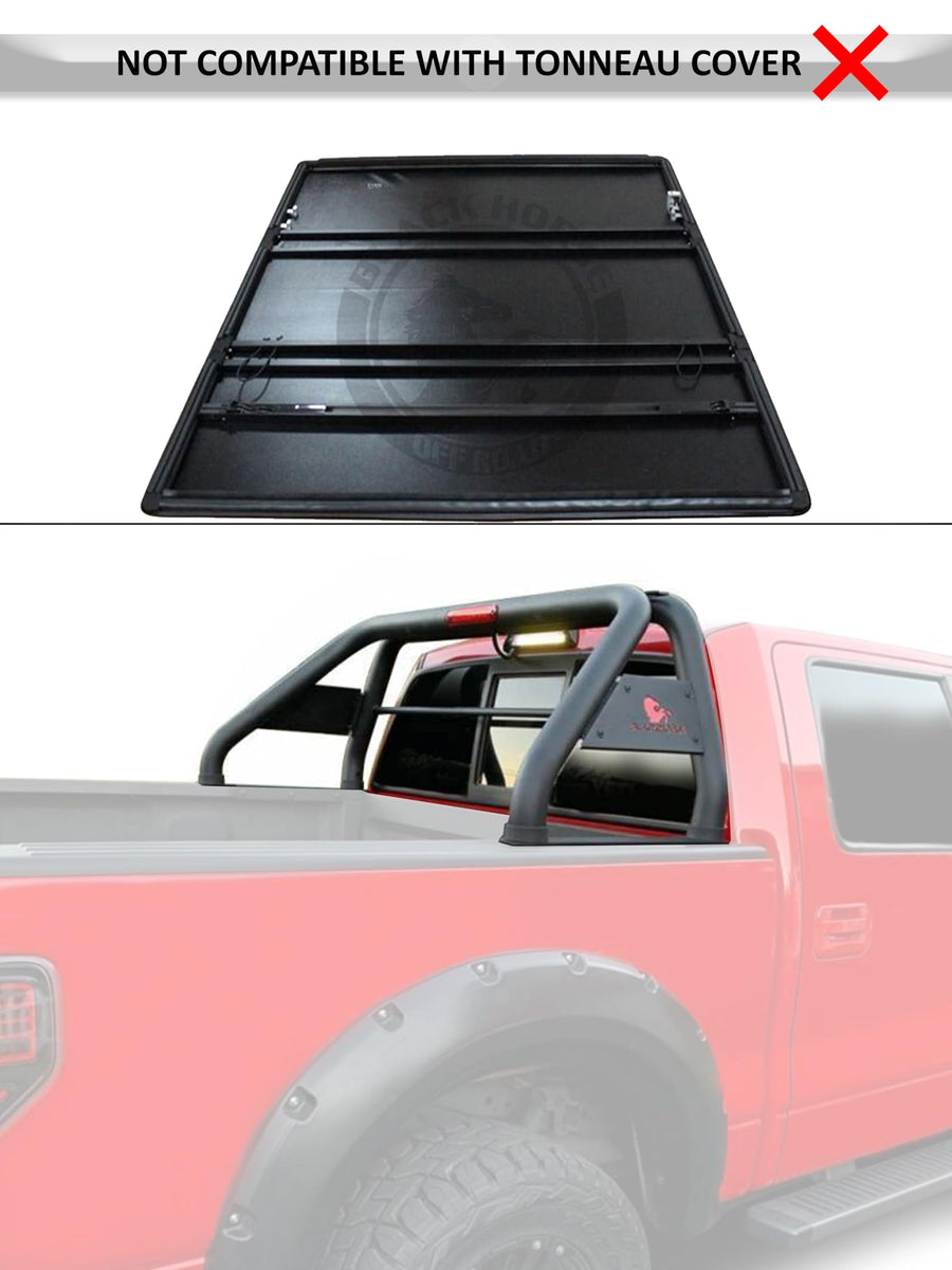 Classic Black Horse Roll Bar Incl. Set of 5.3" Dia.LED Lights w/Red Trim Rings Compatible with 19-24 Ram 1500 Excludes Classic models-RB002BK-PLFR