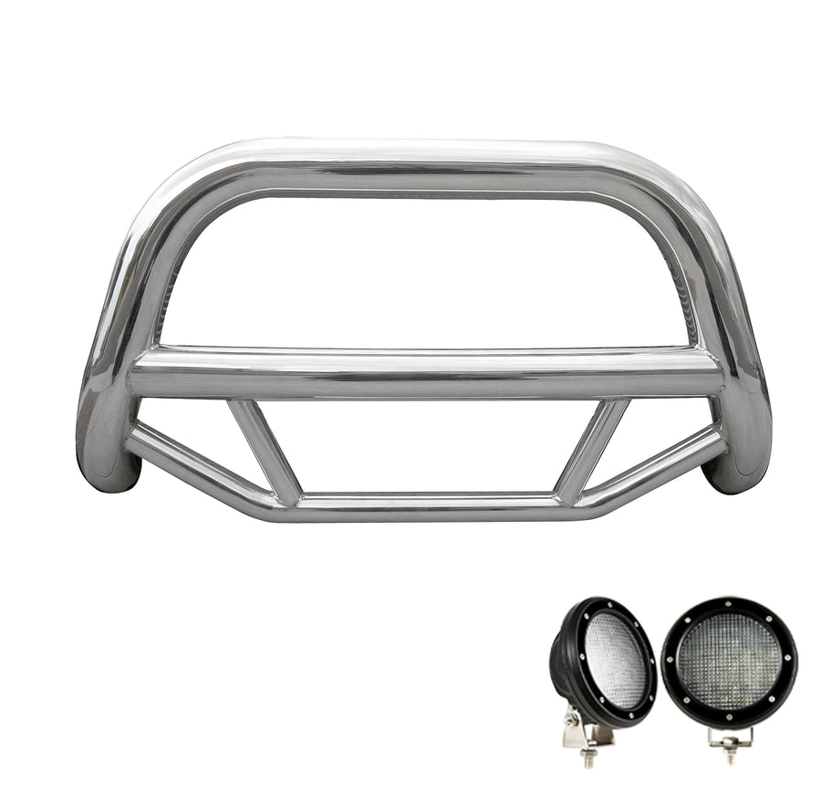 Max Bull Bar Black Horse No Skid Plate Stainless Steel Come with Pair of 5.3" Dia. LED Flood Lights w/Black Trim Rings Compatible with 2007-2021-Toyota Tundra-MBS-TOD1009-PLFB