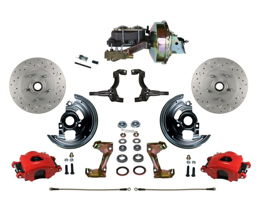 Power Front Disc Brake Kit LEED BRAKES Drilled And Slotted Rotors, Red Powder Coated Calipers With 9" Booster Disc/Drum