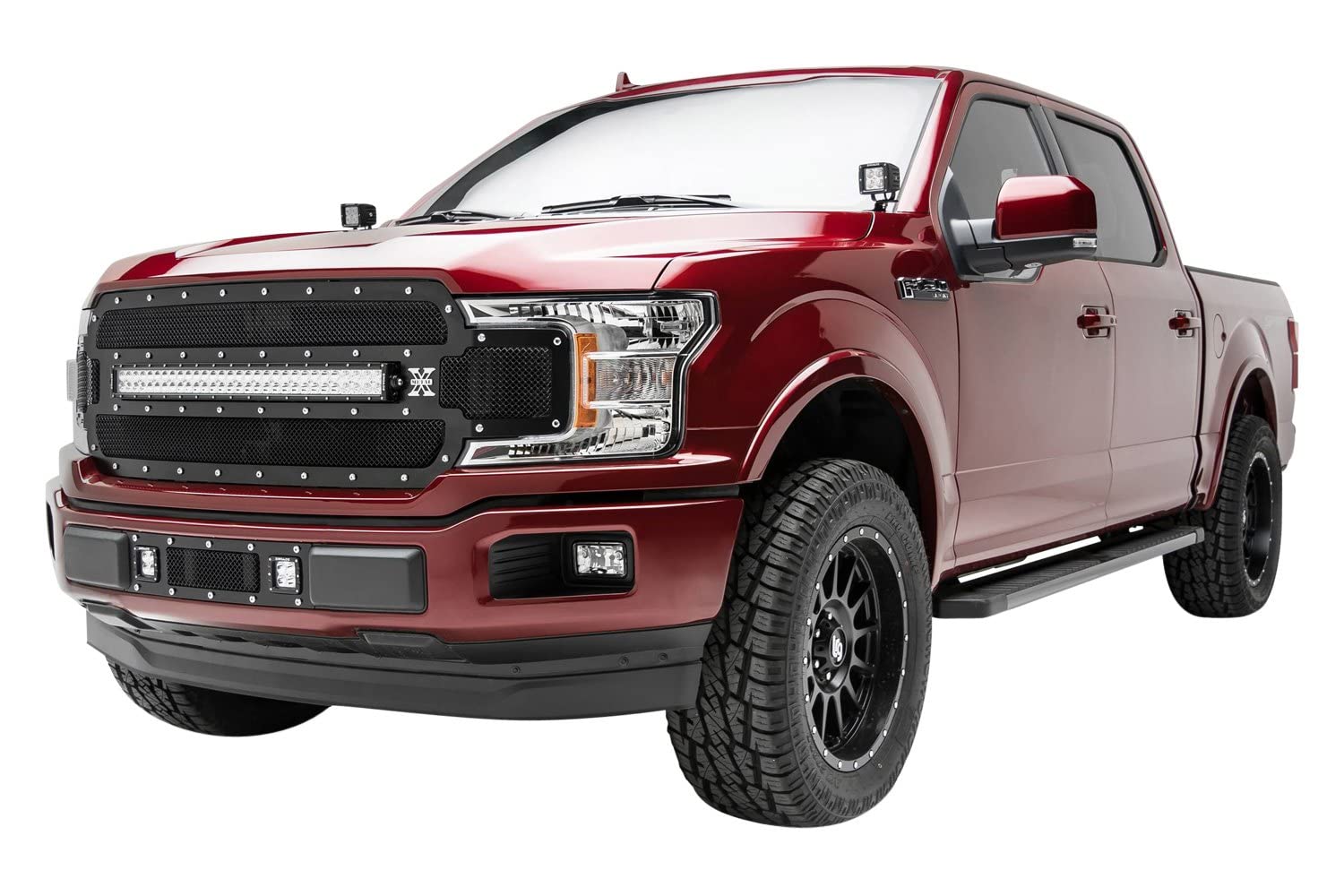 T-Rex Grilles Torch Bumper Grille 2018-2020 F-150 Limited, Lariat, Black, 1 Pc, Replacement, Chrome Studs with (2) 3 Inch LED Cube Lights - PN #6325791