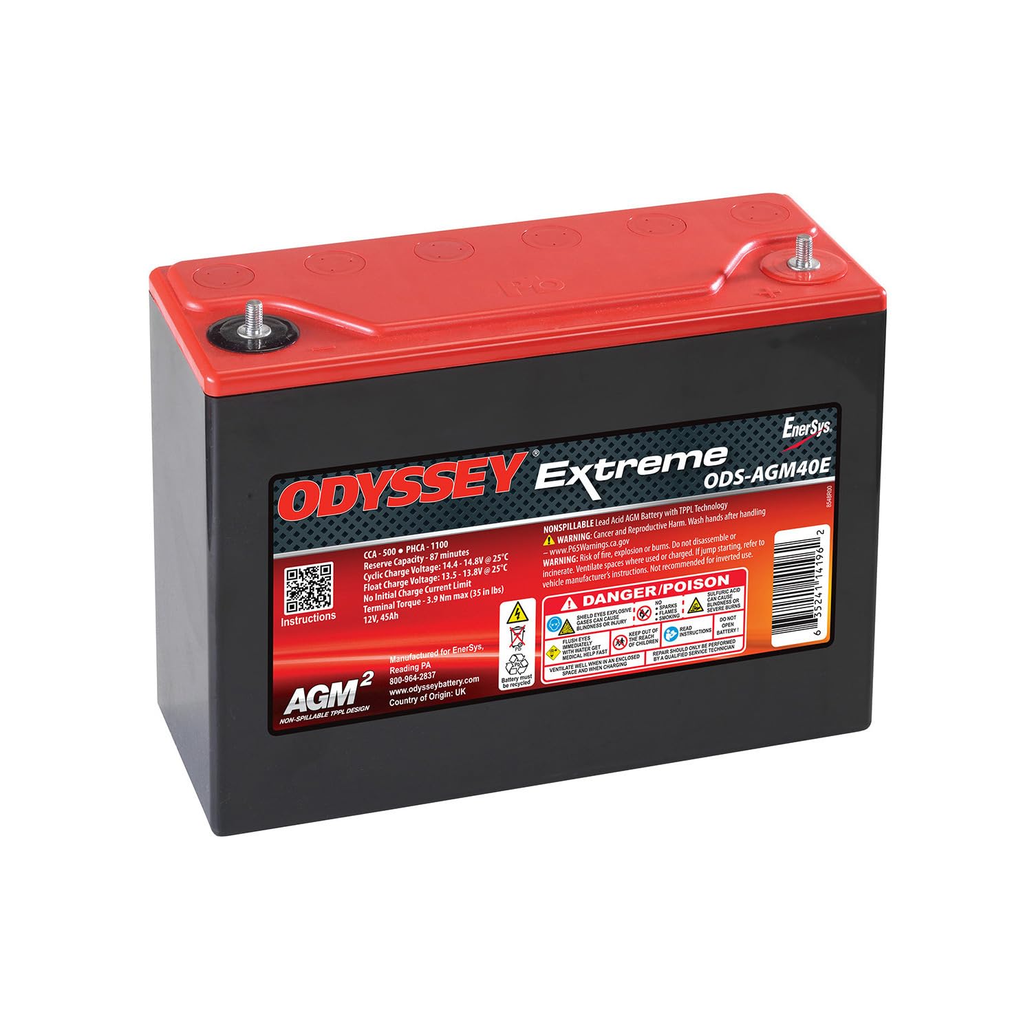 Odyssey Battery, AGM, Extreme Series, 12V, 500 Cranking amps, Top Post, Threaded Terminals, 9.84 in L x 8.11 in H x 3.82 in W, Each