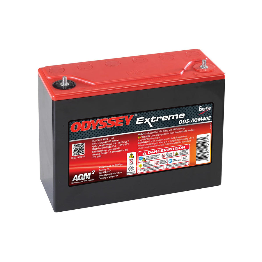 Odyssey Battery, AGM, Extreme Series, 12V, 500 Cranking amps, Top Post, Threaded Terminals, 9.84 in L x 8.11 in H x 3.82 in W, Each