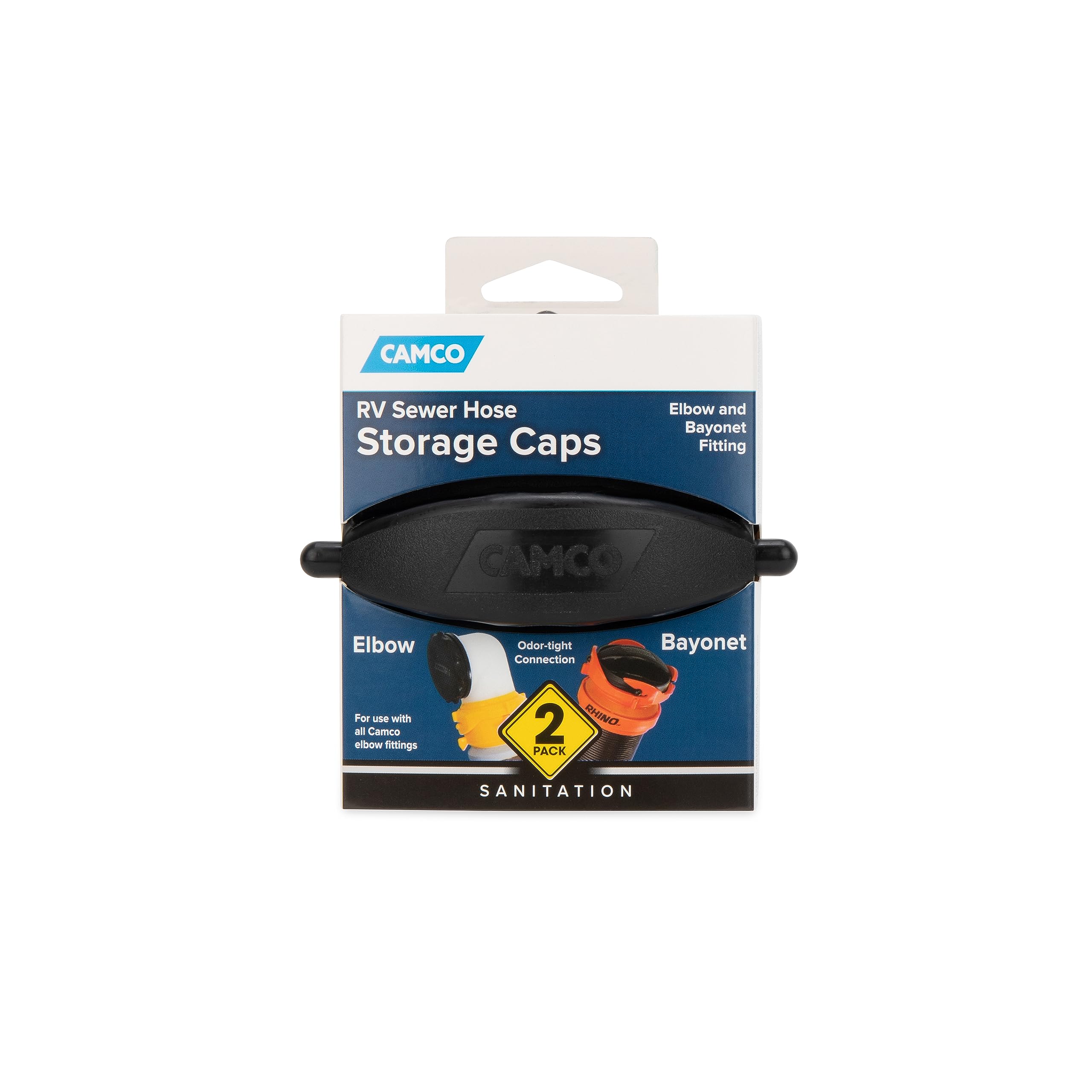 Camco Rhino Flex Bayonet Cap and Elbow Cap - Seals Both Ends of Your Sewer Hose to Form a Odor Tight Connection While Storing (2 Pack) (39753)