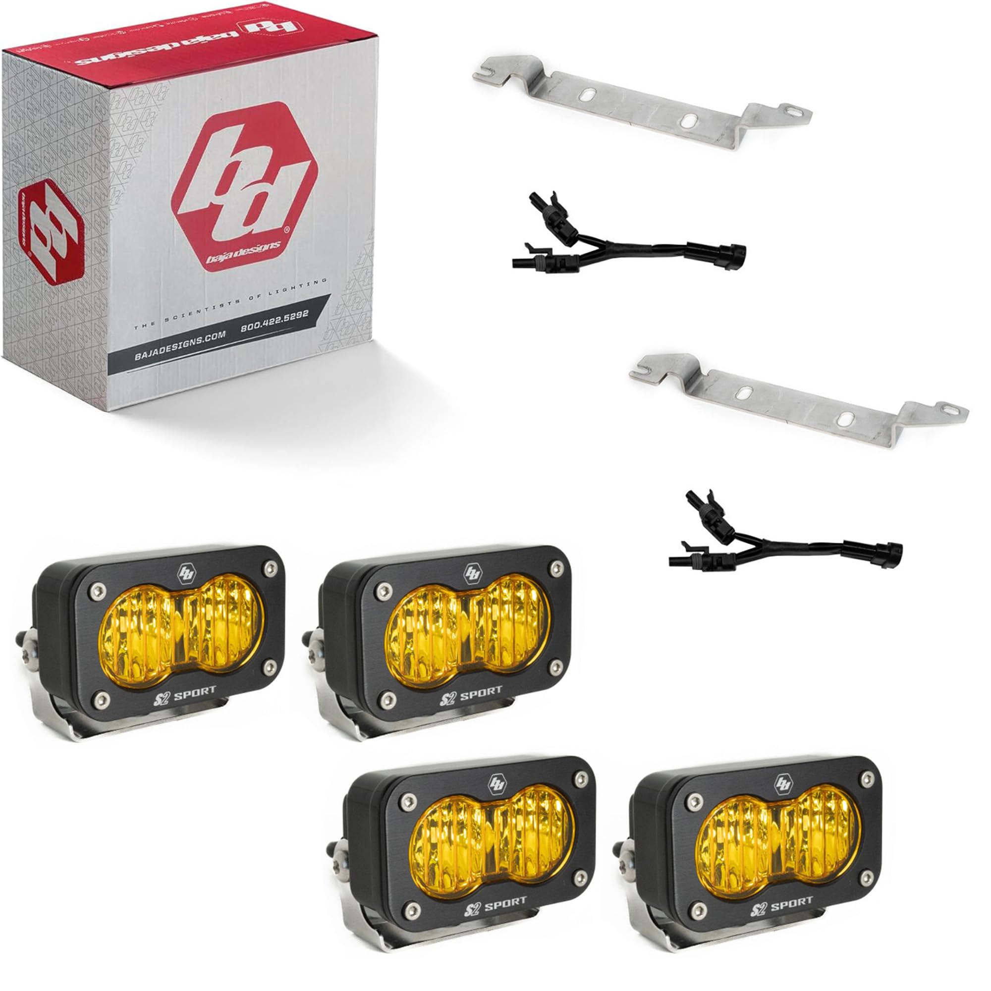 Baja Designs S2 Sport LED Fog Light Kit for 4Runner Toyota 2025+ (Non-TRD Pro) - Street Legal, 4 PCS LED with Mounting Brackets, Adapter Harness - OEM Switch Compatible (Wide Cornering; Baja Amber)