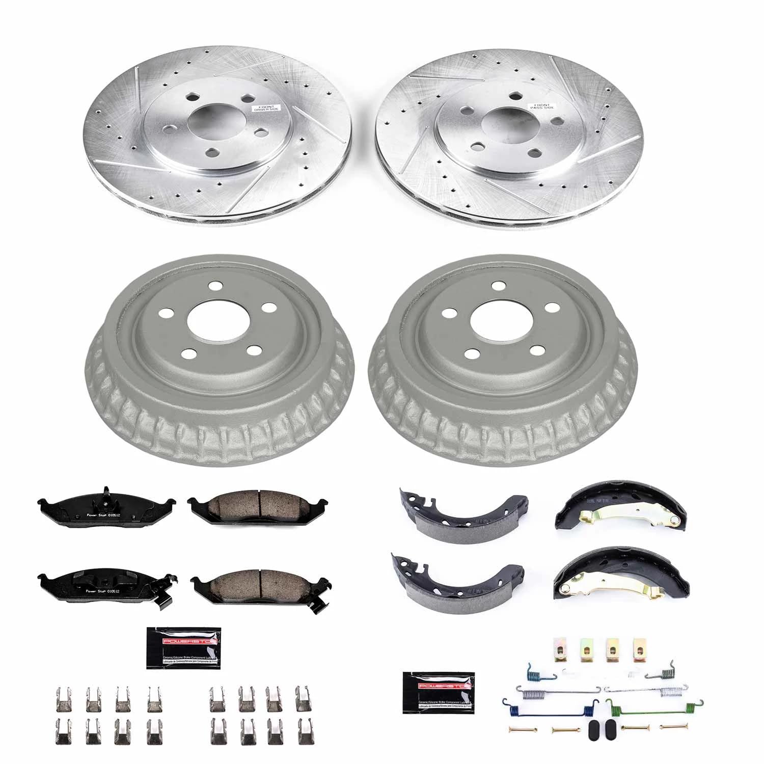 Power Stop K15144DK Z23 Carbon Fiber Brake Pads Front and Rear with Drilled & Slotted Brake Drums Kit For Dodge Stratus 1995-1996, Plymouth Breeze 1996 [Model Specific]
