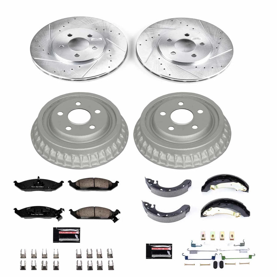 Power Stop K15144DK Z23 Carbon Fiber Brake Pads Front and Rear with Drilled & Slotted Brake Drums Kit For Dodge Stratus 1995-1996, Plymouth Breeze 1996 [Model Specific]
