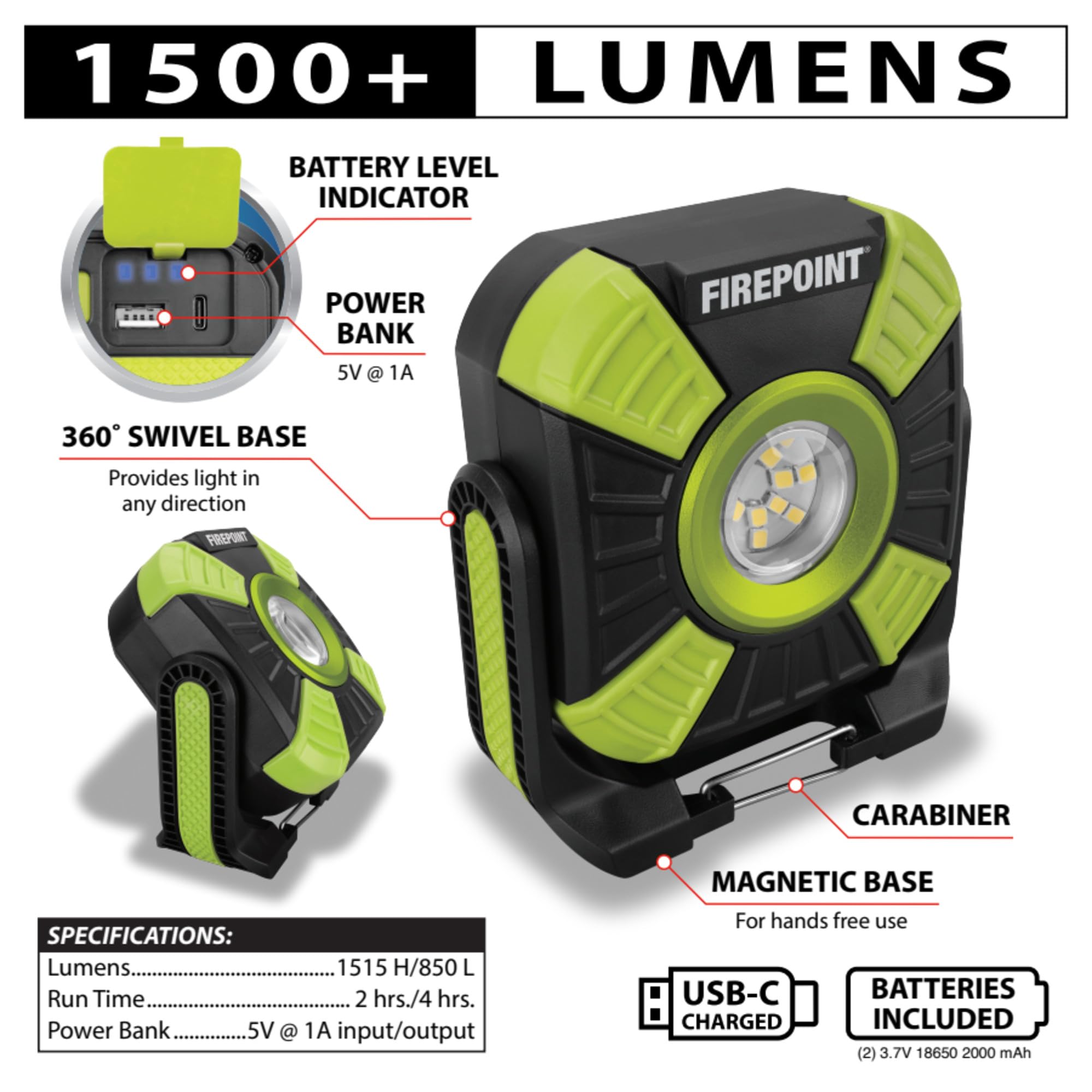 Firepoint Performance Tool W2635 1500+LM Li-Ion Utility Work Light, USB-C Charging, Swivel/Magnetic Base, Power Bank Capability, Black/Green