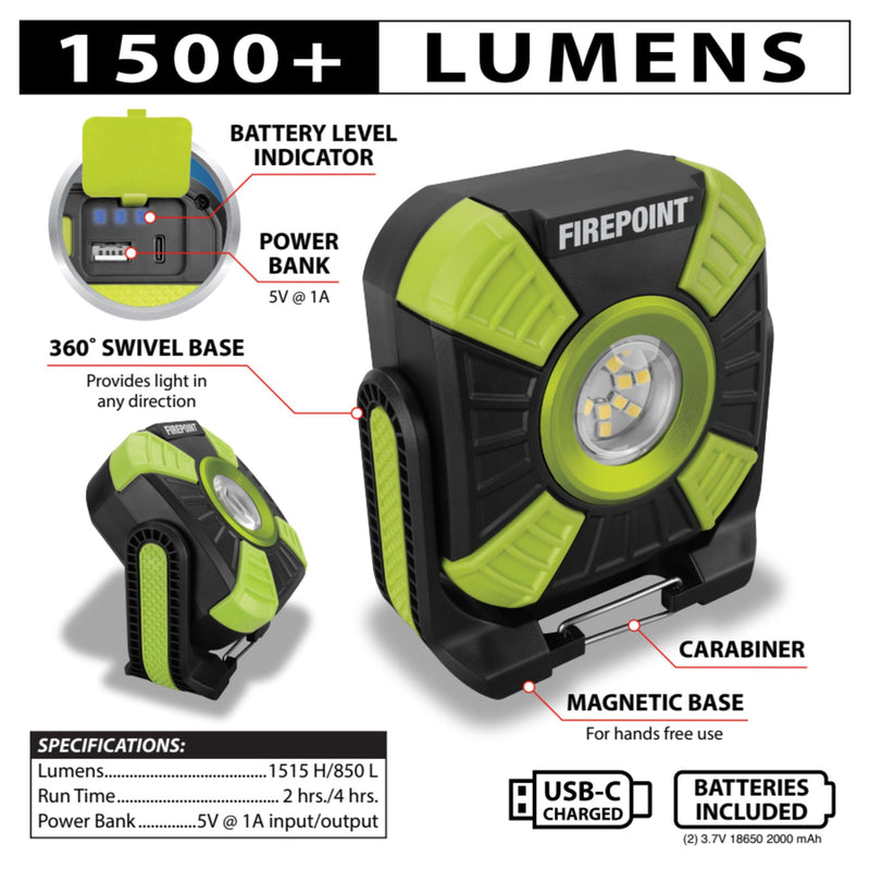 Firepoint Performance Tool W2635 1500+LM Li-Ion Utility Work Light, USB-C Charging, Swivel/Magnetic Base, Power Bank Capability, Black/Green