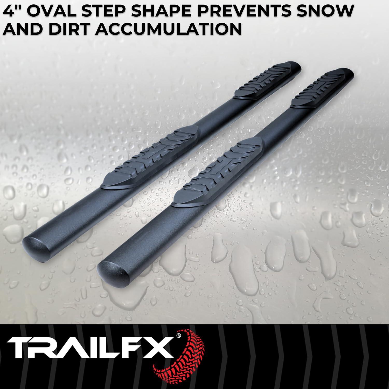 TrailFX Nerf Bar 4 Inch Oval Straight Fits 2024-2025 Toyota Tacoma Double Cab with Step Pads Rocker Panel Mount Powder Coated Titanium Matte Black Steel with Welded End Caps TrailFX T83A1559T