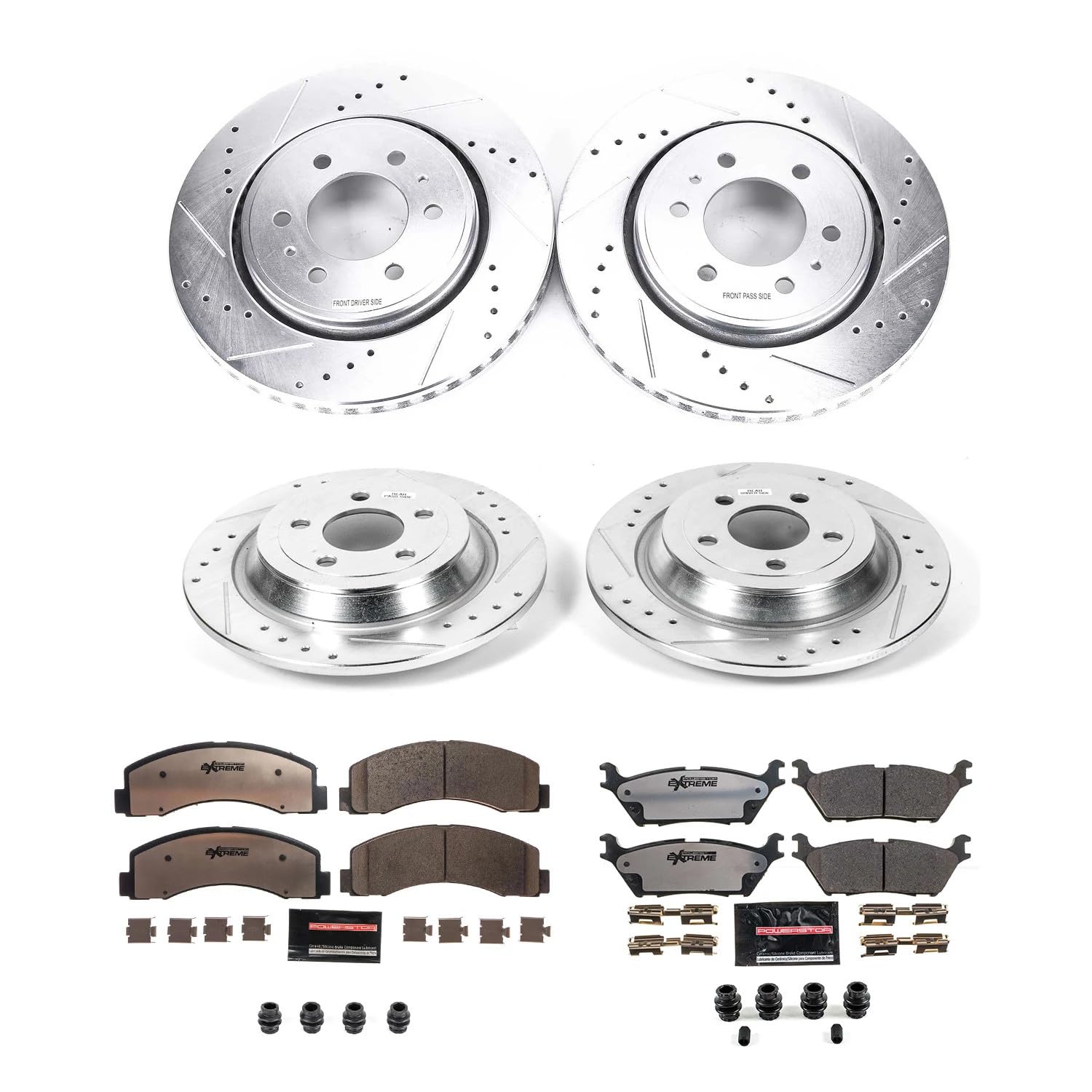 Brake Kit Power Stop For 2015-2017 Ford F150 6 Lug with Electric Parking Brake Replacement - Front and Rear Truck & Tow Carbon Fiber Ceramic Brake Pads & Drilled and Slotted Brake Rotors, K6803-36