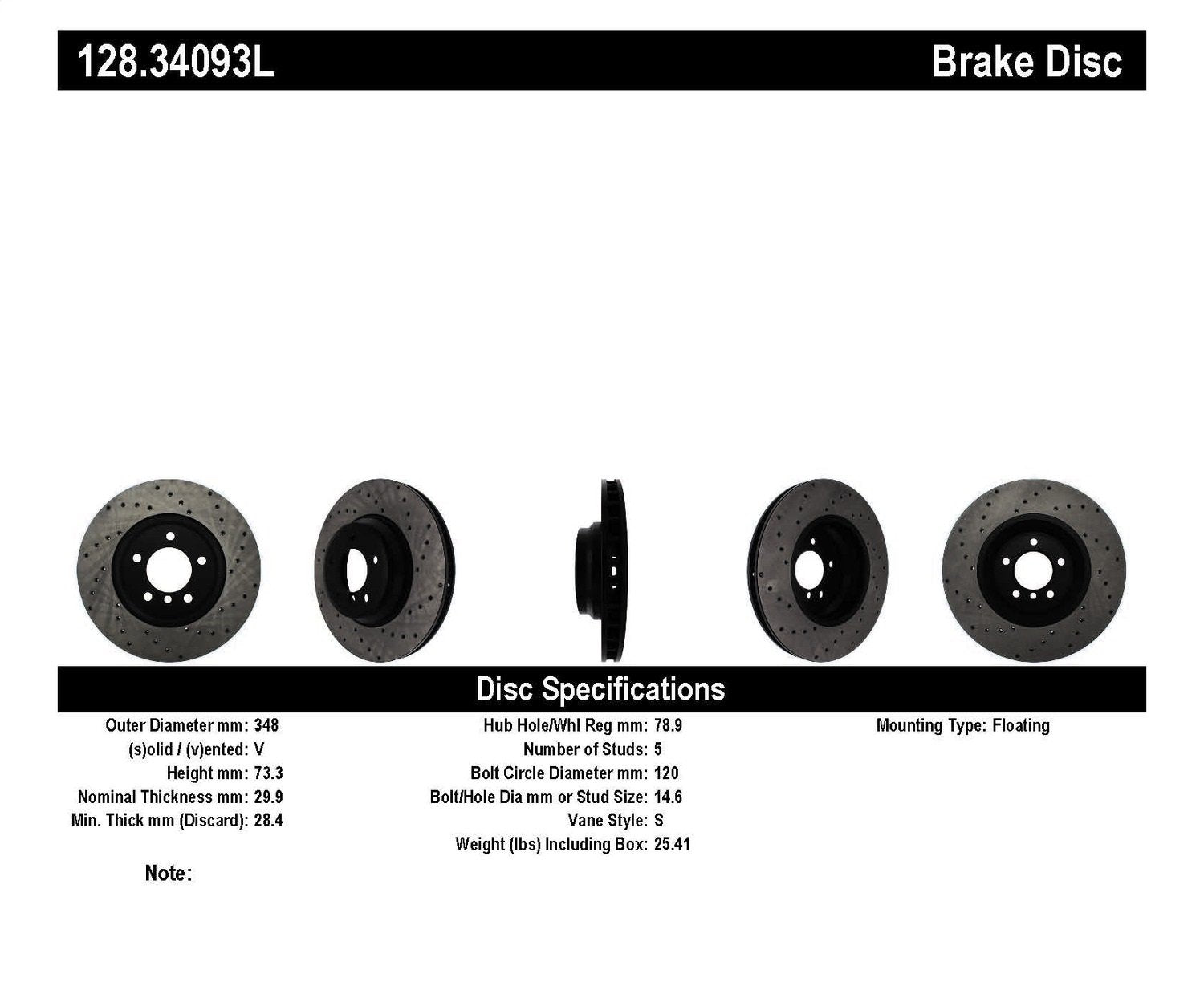 StopTech Sport 128.34093L Front Left Cross Drilled Disc Brake Rotor - Fits Select BMW 3 Series and X1 Vehicles