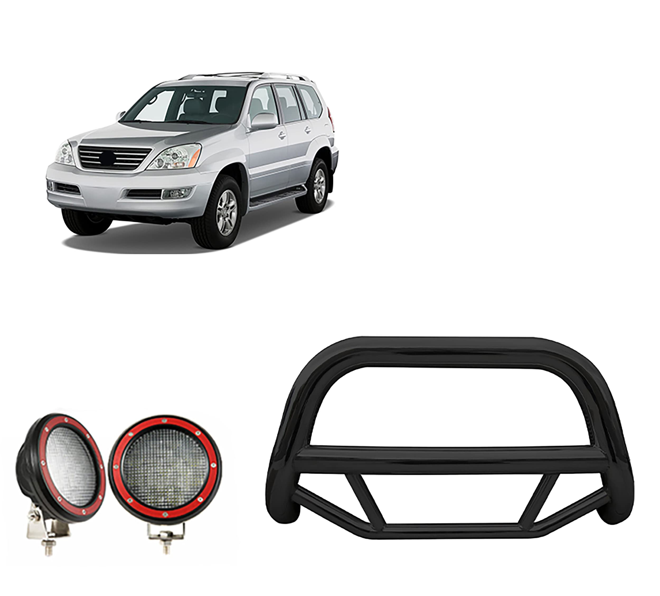 Max Bull Bar Black Horse Incl. Pair of 5.3" Dia.LED Lights w/Red Trim Rings No Skid Plate Compatible with 2003-2009 Lexus GX470|2003-2009 Toyota 4Runner-MBB-TOF7007-PLFR