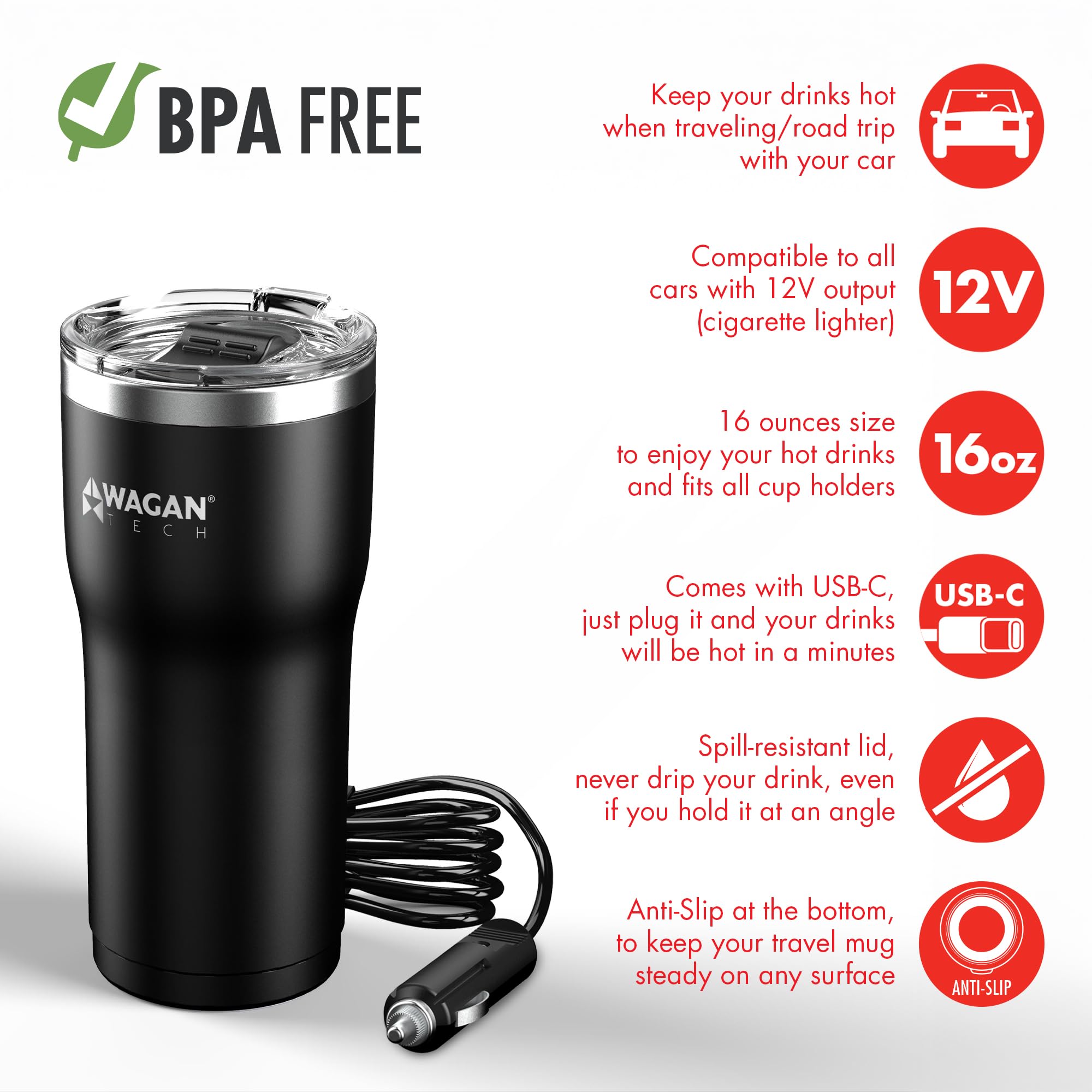Wagan 12V Travel Car Heated Mug Portable 16oz Stainless Steel Anti-Spill Lid Slip Resistant Base Car Coffee Warmer Coffee Cup USB–C PD20W 12V DC (Black)