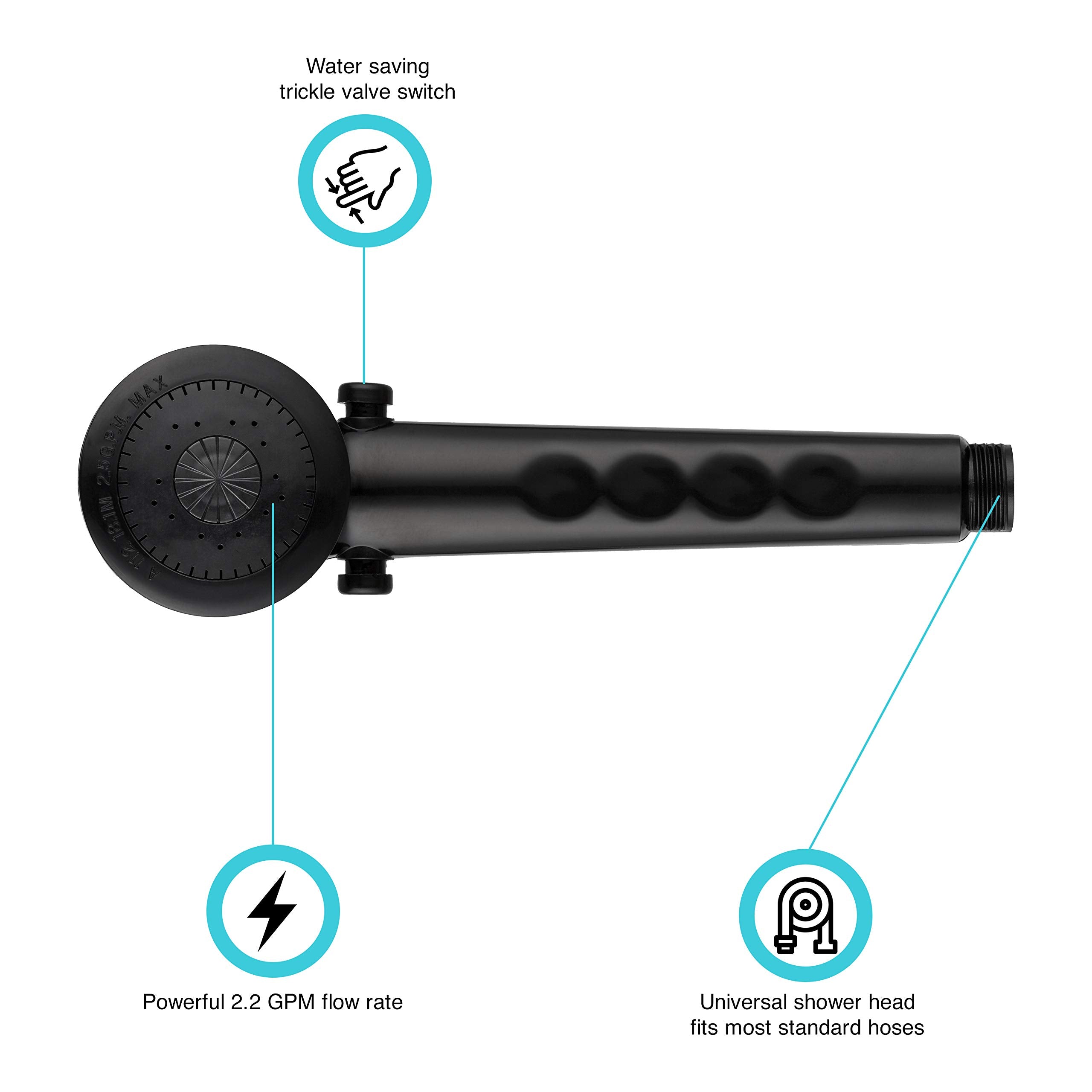 Dura Faucet Economical DF-SA135-BK Shower Head, Handheld RV Replacement Wand - Universal Water Saving system with Flow Control Trickle Switch (Black)