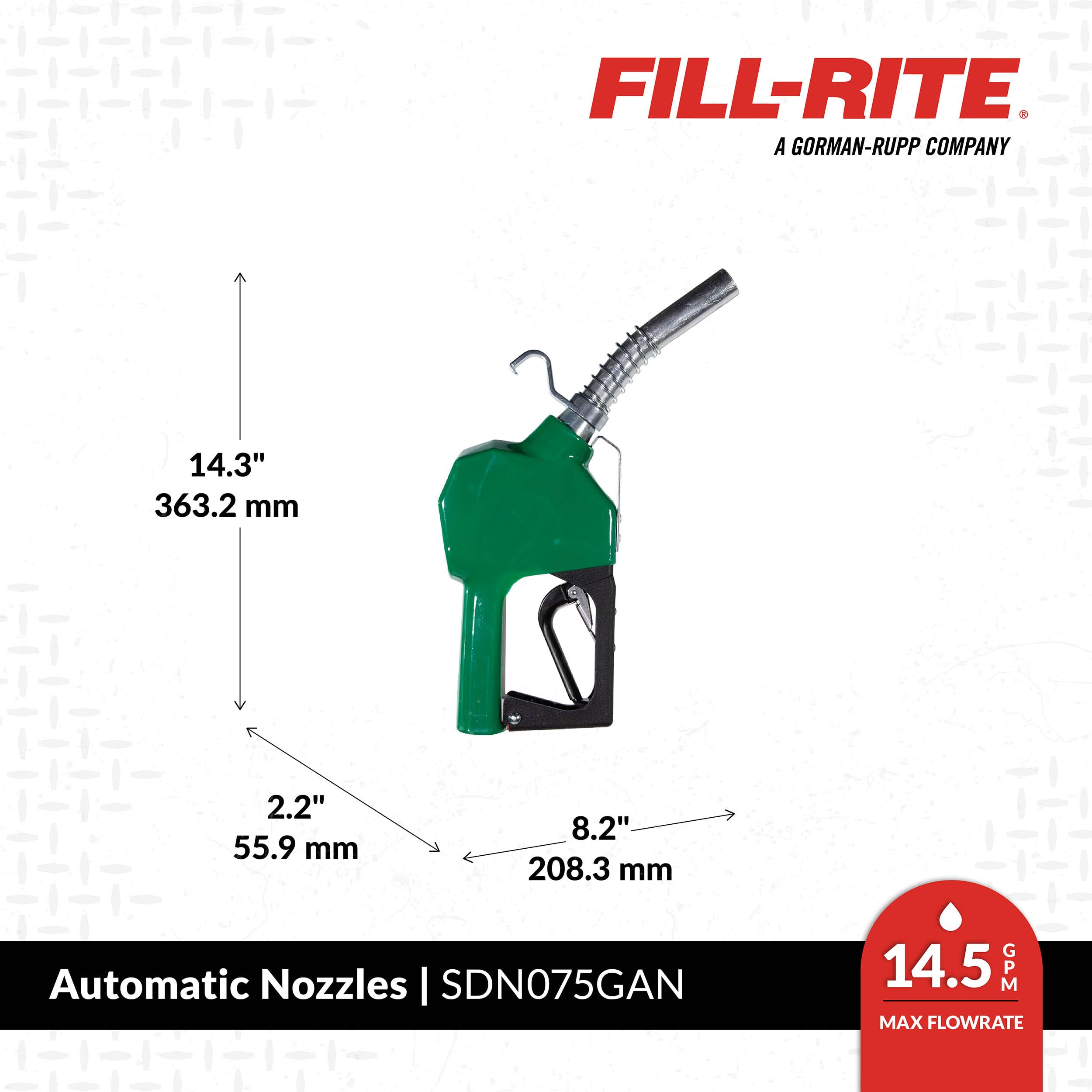 Fill-Rite ¾" SDN075GAN Automatic Standard Duty Fuel Transfer Nozzle, Green - 3 to 15 GPM for Gasoline, Diesel, Biodiesel up to B20, E15 & Kerosene