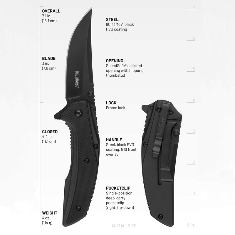 Outright Kershaw Pocket Knife, Black, 3 Inch Stainless Steel Trailing Point Plain Edge Blade, EDC with Assisted Opening, Deep-Carry Pocketclip, Everyday Carry Pocket Knife for Men and Women