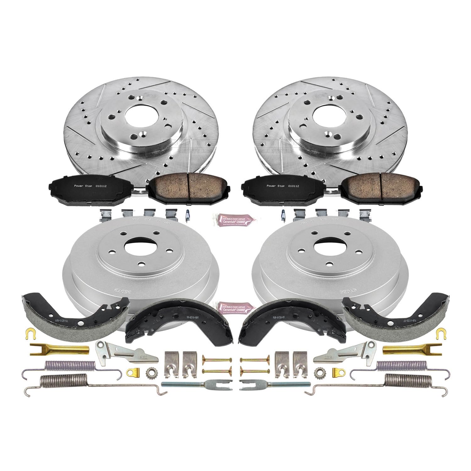 Power Stop K15190DK Z23 Carbon Fiber Brake Pads Front and Rear with Drilled & Slotted Brake Drums Kit For Honda Odyssey 1999-2001 [Model Specific]