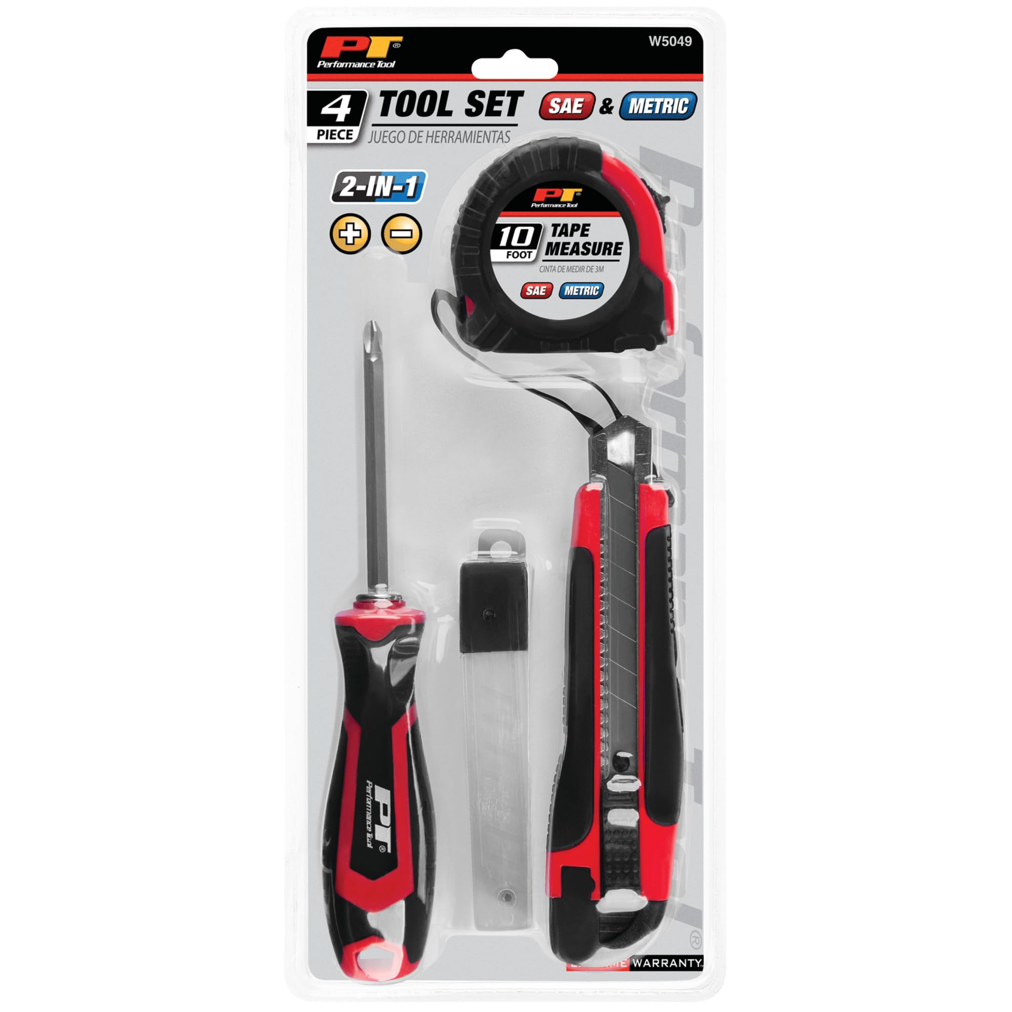 W5049 Performance Tool 4 pc. Tool Set: Features Double-Ended Screwdriver with Phillips #2 and Slotted 3/16-in Ends, 10-ft Tape Measure, 6/1/2-in Utility Knife with 5 Replacement Blades, Red/Black