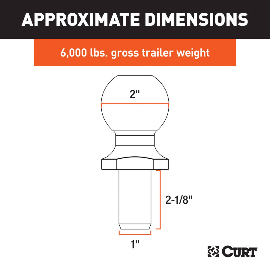 CURT 40004 Trailer Hitch Ball Chrome, 6,000 lbs, 2-Inch Diameter, 1 x 2-1/8-Inch Shank