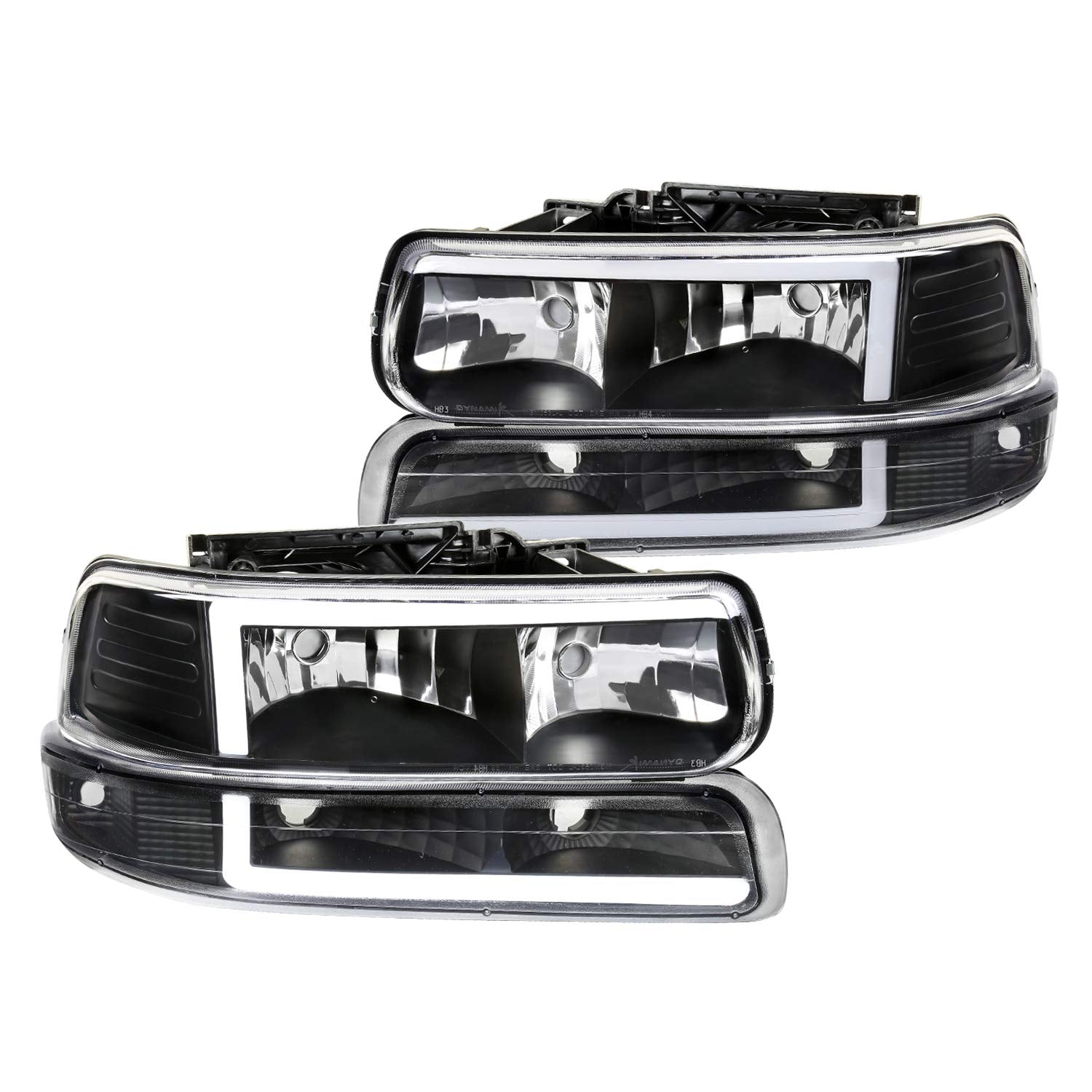 Spec-D Tuning LED Bar Clear Lens Black Housing Headlights + Bumper Lights 4PC Clear Reflector Compatible with Chevy Silverado 1999-2002, 00-06 Tahoe Suburban, L+R Pair Assembly