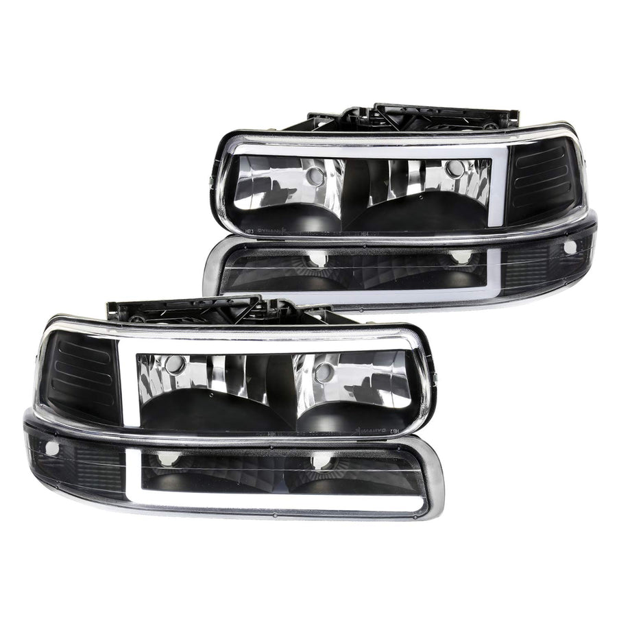 Spec-D Tuning LED Bar Clear Lens Black Housing Headlights + Bumper Lights 4PC Clear Reflector Compatible with Chevy Silverado 1999-2002, 00-06 Tahoe Suburban, L+R Pair Assembly