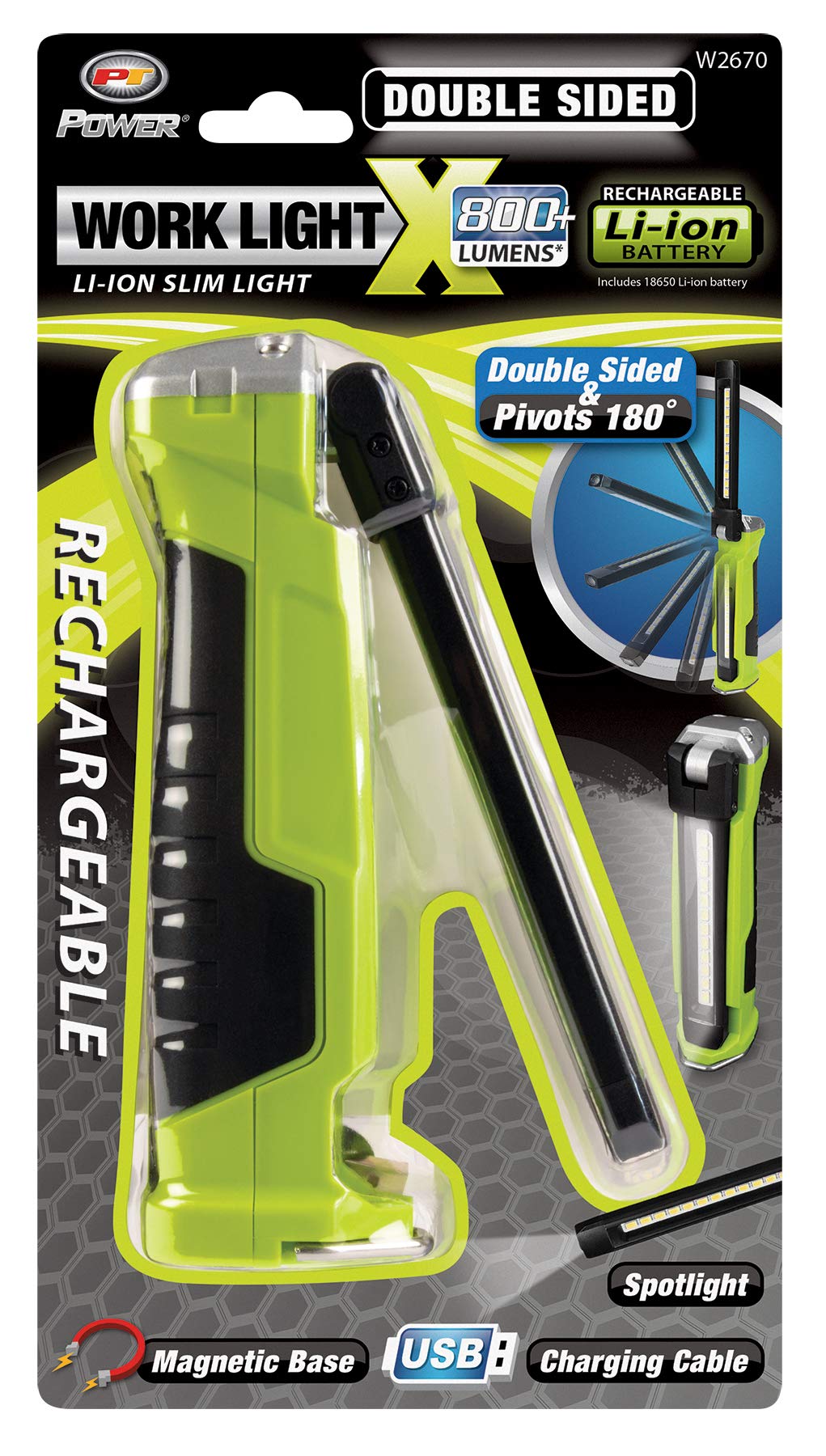 W2670 Performance Tool Double Sided Pivoting Light Bar with 800+ Lumens, Magnetic Base and Rechargeable Battery for Hands-Free Use in Confined Areas