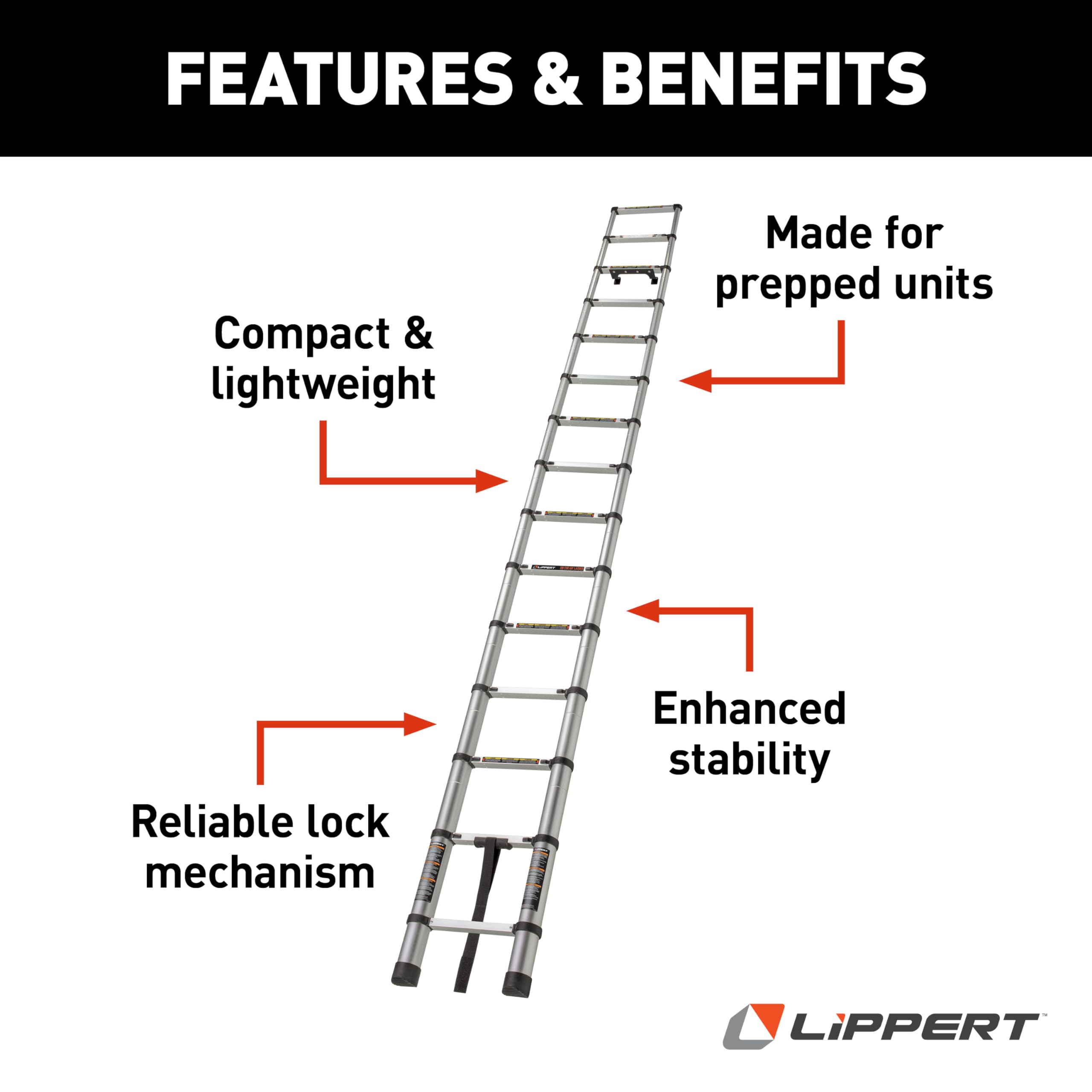 Lippert Portable On-The-Go Telescoping RV Ladder - 14.5' — Enhanced Stability and Safety - Retracts to 35.75" - Sturdy 330 lb. Capacity - Compatible with Lippert Ladder Receiver - 2021126697