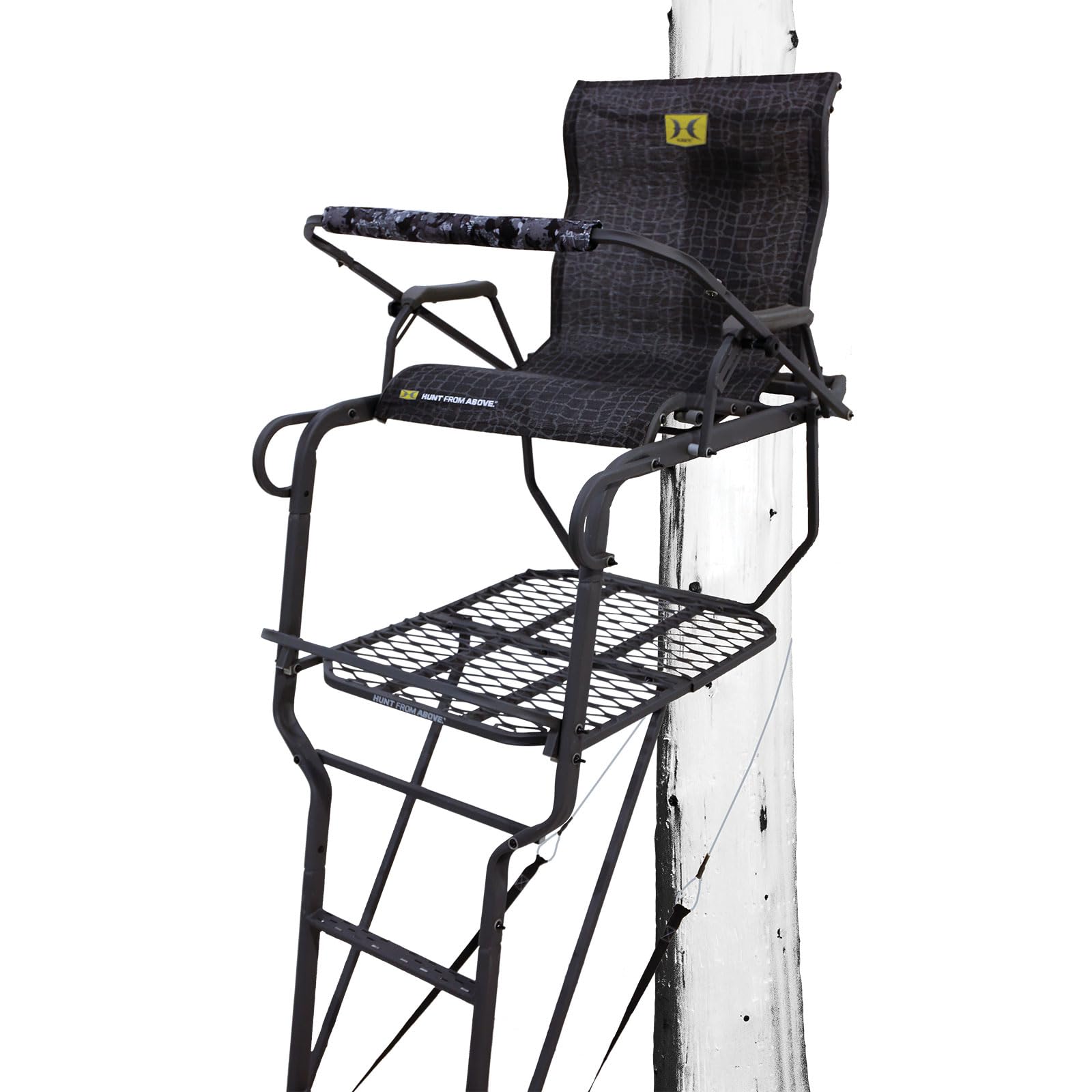 Sasquatch 21' Hawk 1.5-Man Ladder Stand | Durable Hunting Archery Steel 1 Person Tree Stand with Flip Up Chair, Hercules Cross Grip Safety System