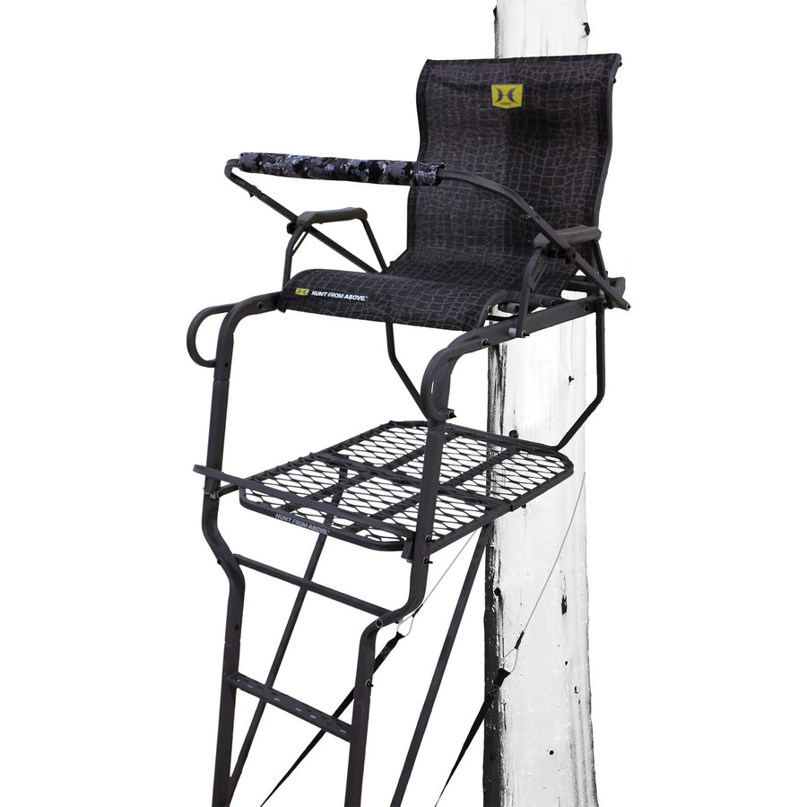 Sasquatch 21' Hawk 1.5-Man Ladder Stand | Durable Hunting Archery Steel 1 Person Tree Stand with Flip Up Chair, Hercules Cross Grip Safety System