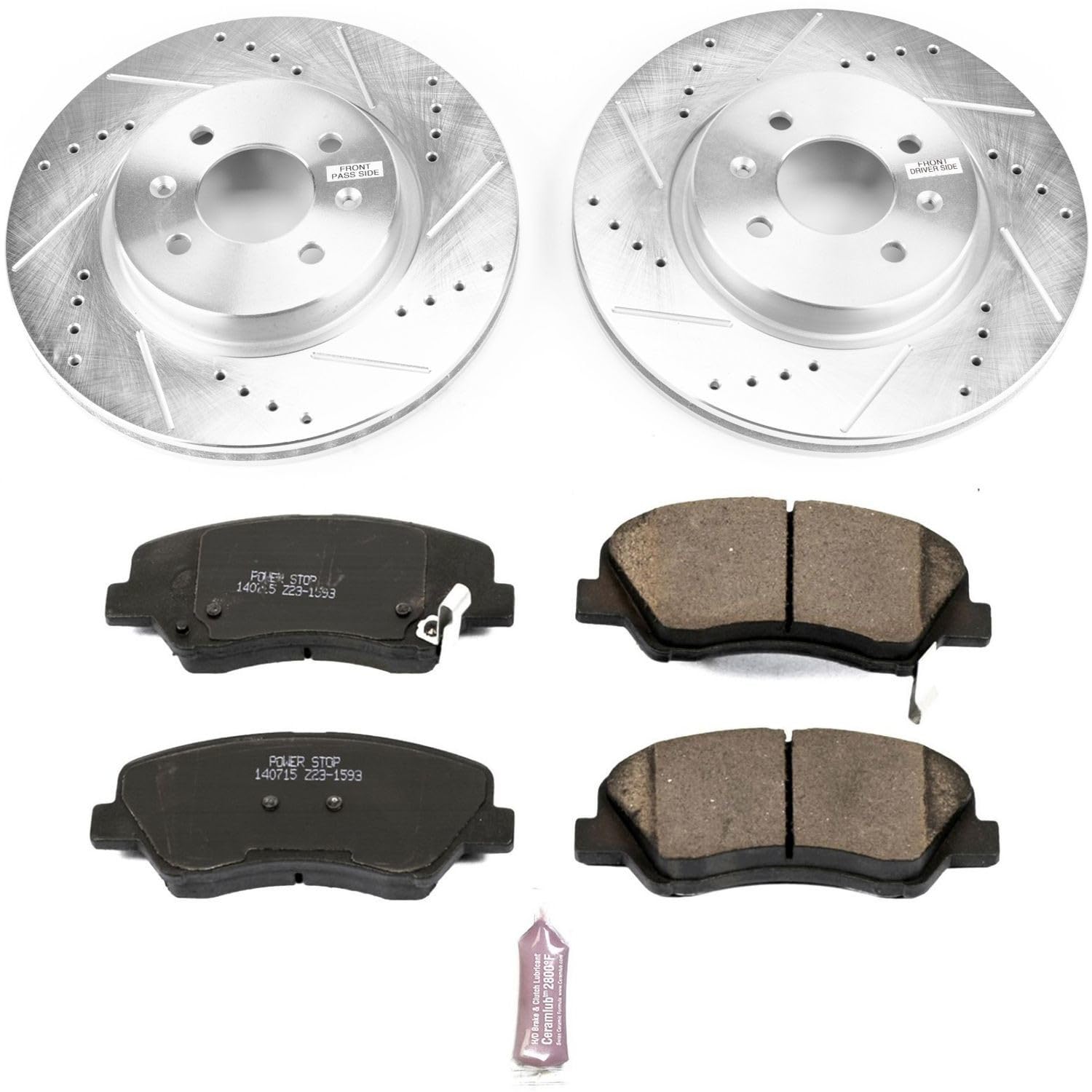Power Stop K6499 Z23 Carbon Fiber Brake Pads with Drilled & Slotted Brake Rotors Kit For Kia Rio 2012-2017 [Vehicle Specific]