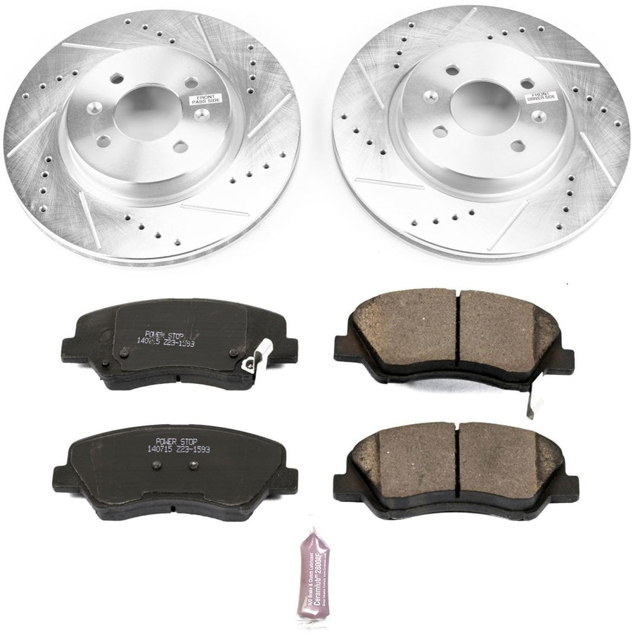 Power Stop K6499 Z23 Carbon Fiber Brake Pads with Drilled & Slotted Brake Rotors Kit For Kia Rio 2012-2017 [Vehicle Specific]