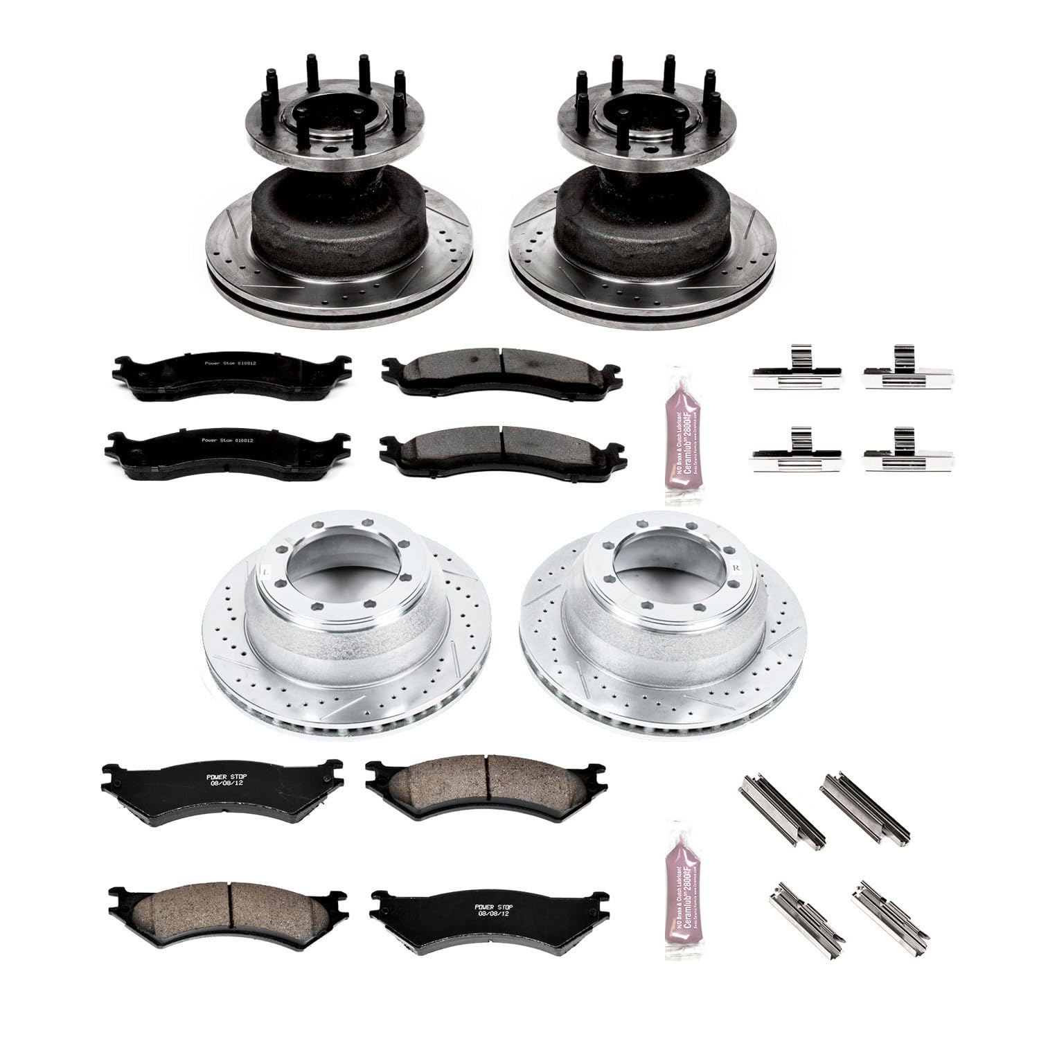 Power Stop K4435 Z23 Carbon Fiber Brake Pads Front and Rear with Drilled & Slotted Brake Rotors Kit For Ford E-350 Club Wagon, Ford E-350 Econoline Club Wagon, Ford E-350 Super Duty [Model Specific]