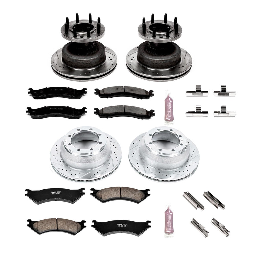 Power Stop K4435 Z23 Carbon Fiber Brake Pads Front and Rear with Drilled & Slotted Brake Rotors Kit For Ford E-350 Club Wagon, Ford E-350 Econoline Club Wagon, Ford E-350 Super Duty [Model Specific]