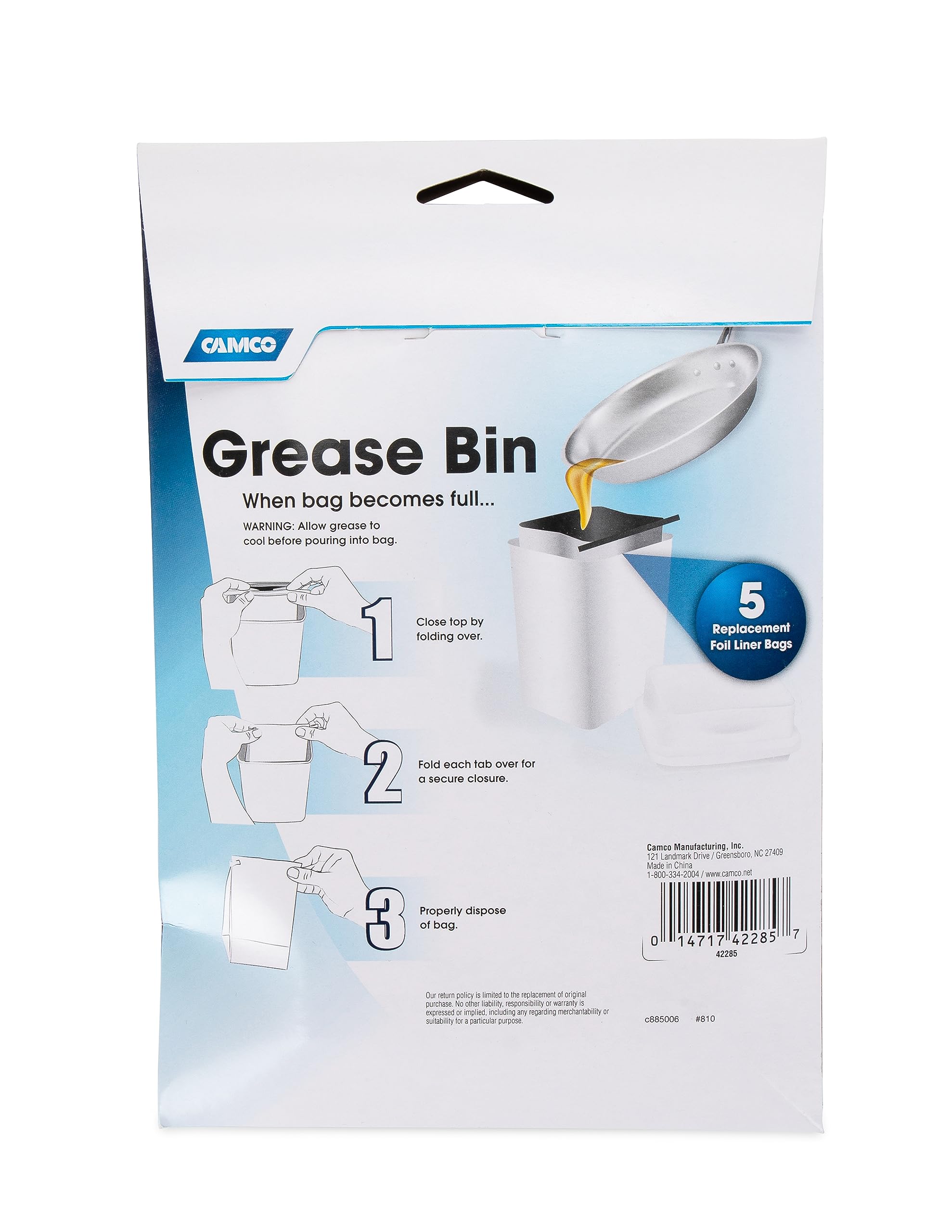 Camco Grease Replacement Storage Bags - Easily Contain and Dispose Used Cooking Grease, Foil Lined Bags Seal in Odor, Prevent Drain Clogs - 5 Pack (42285), White