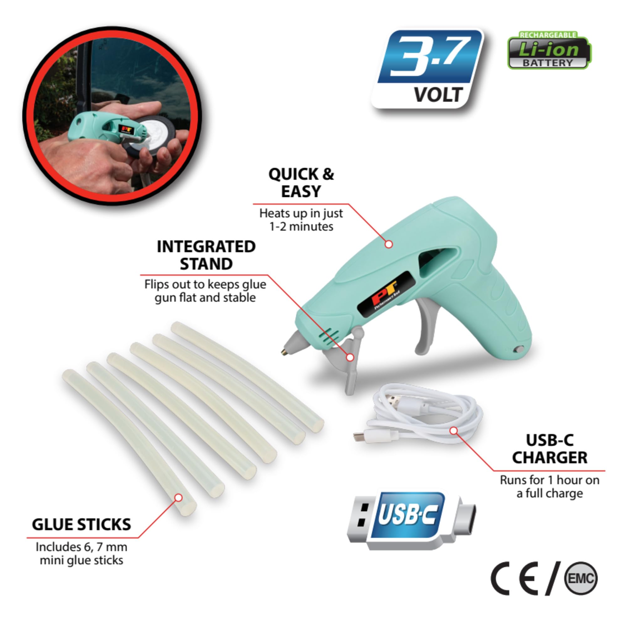 Cordless Hot Glue Gun Performance Tool W2083, USB-C Rechargeable, Quick Heating, Built-In Stand, with Glue Sticks, 1 Hour Cordless Run Time for Crafting, DIY, Home Improvement, and Automotive Tasks